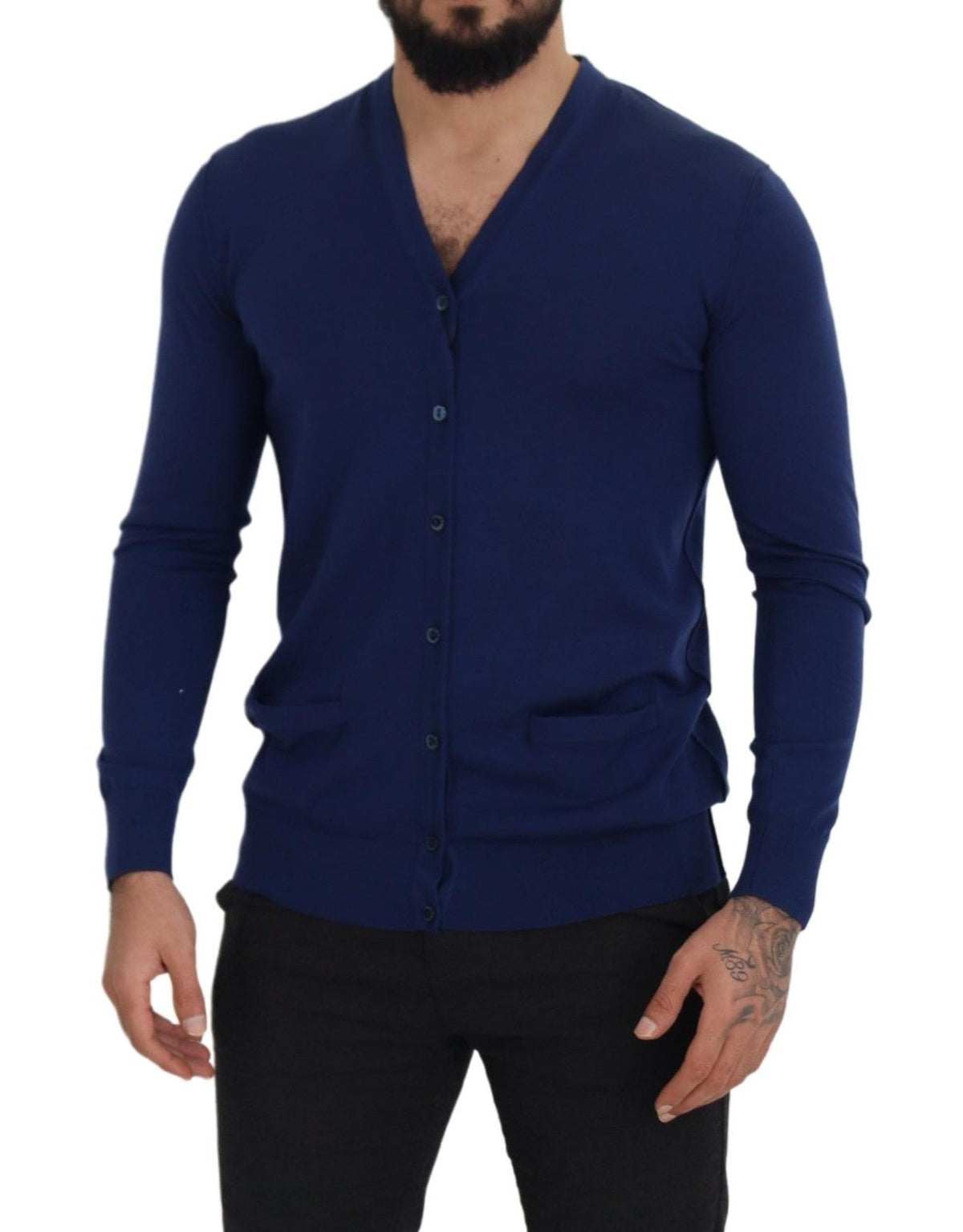 Dolce & Gabbana Blue Wool V-neck Button Down Cardigan Men's Sweater