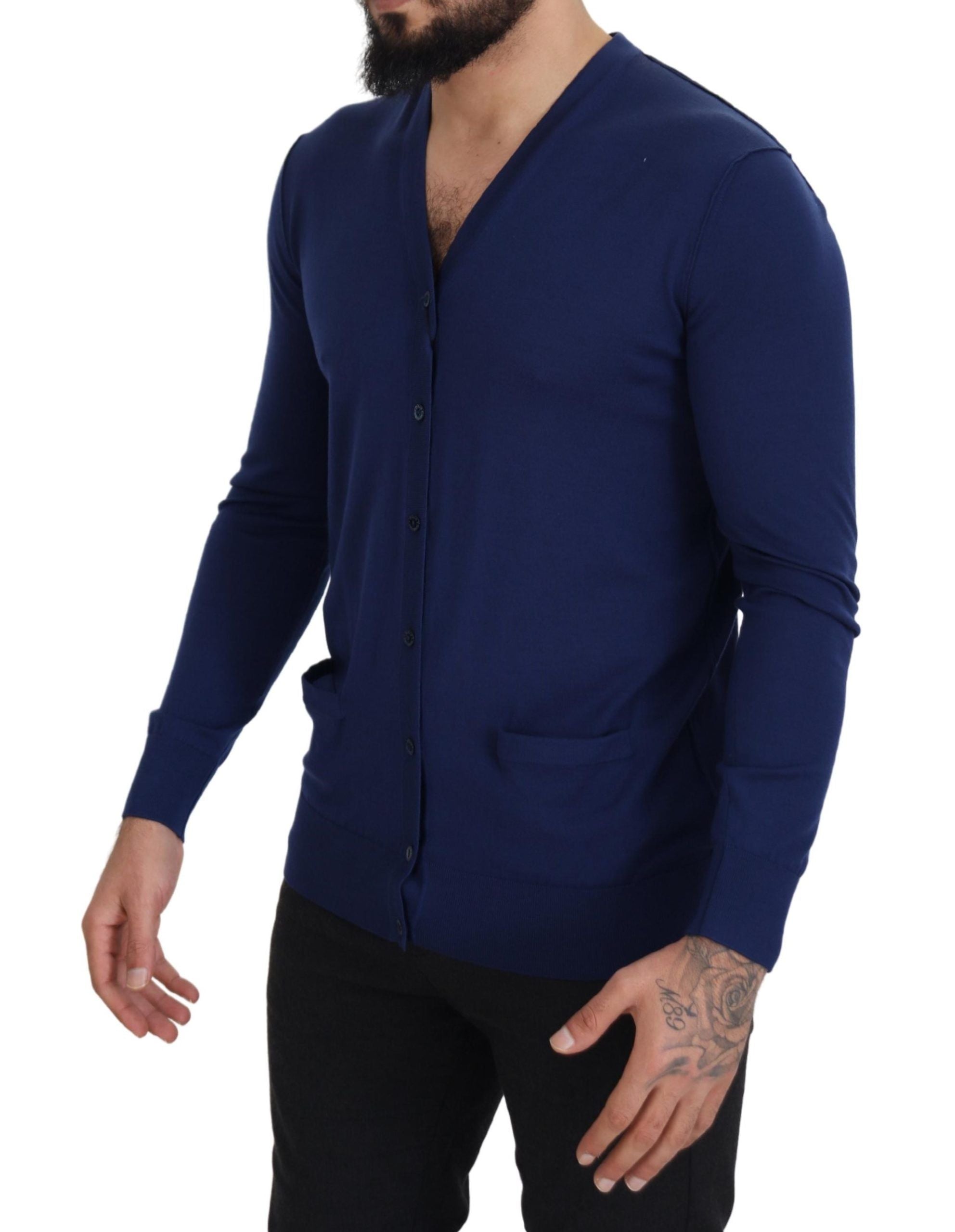 Dolce & Gabbana Blue Wool V-neck Button Down Cardigan Men's Sweater