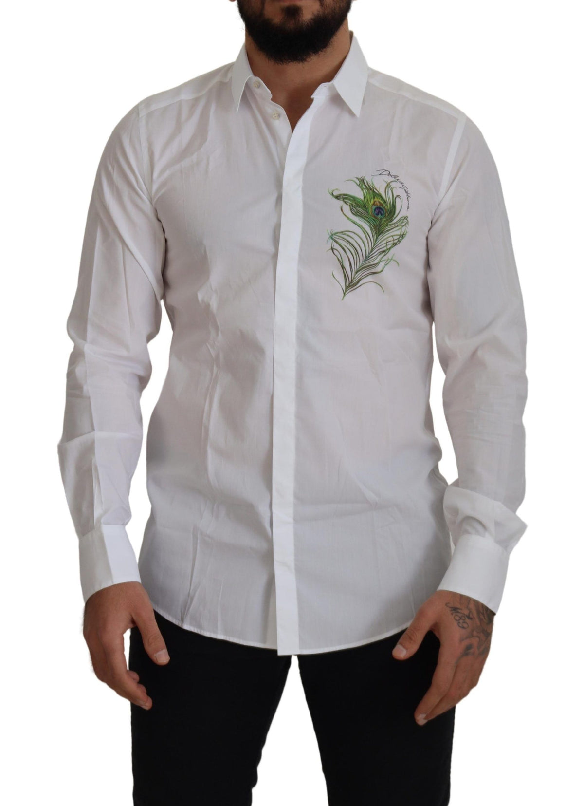 Dolce & Gabbana White Cotton Peacock Feather Formal GOLD Men