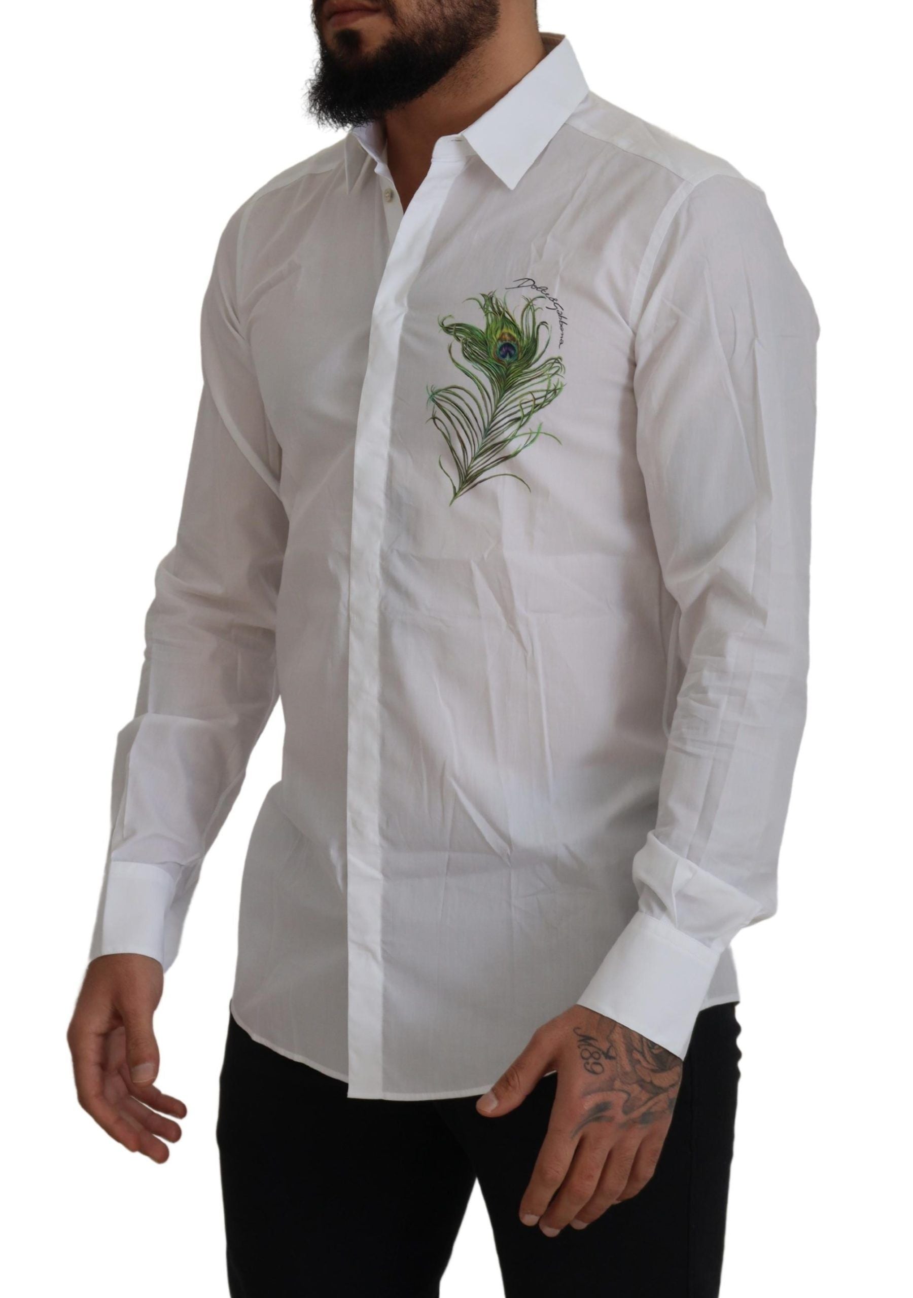 Dolce & Gabbana White Cotton Peacock Feather Formal GOLD Men's Shirt