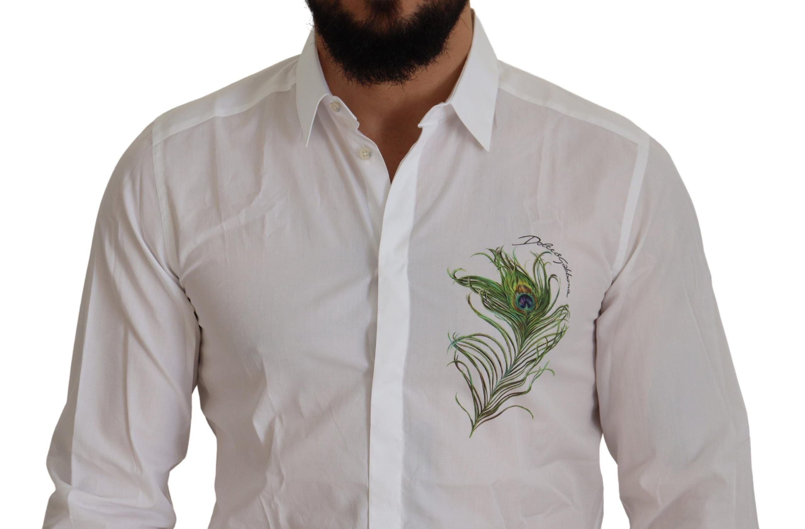 Dolce & Gabbana White Cotton Peacock Feather Formal GOLD Men's Shirt