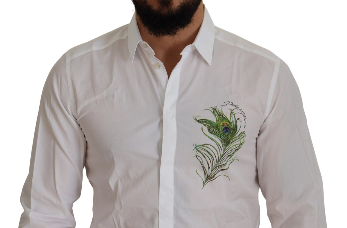 Dolce & Gabbana White Cotton Peacock Feather Formal GOLD Men's Shirt