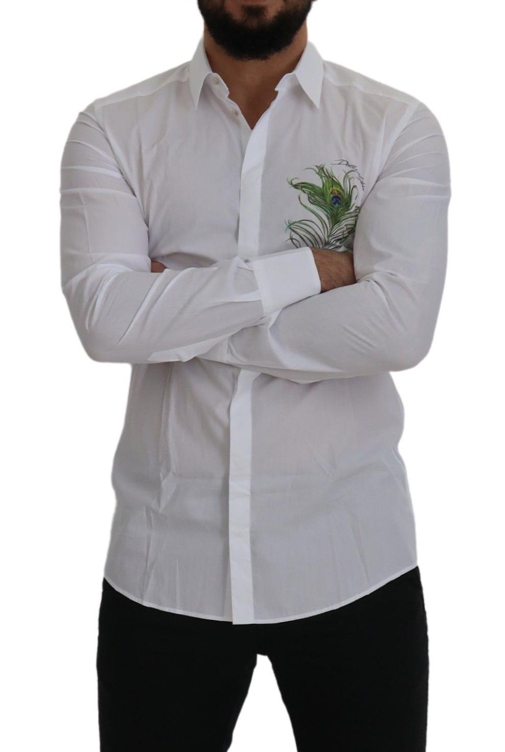 Dolce & Gabbana White Cotton Peacock Feather Formal GOLD Men's Shirt