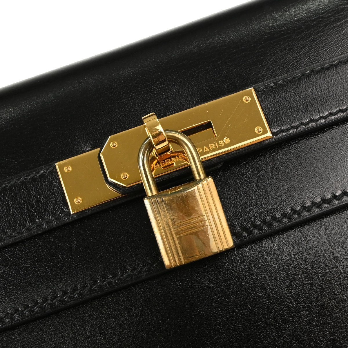 Hermes Kelly Black Box Calf With Gold Hardware Black Calfskin Handbag (Pre-Owned)