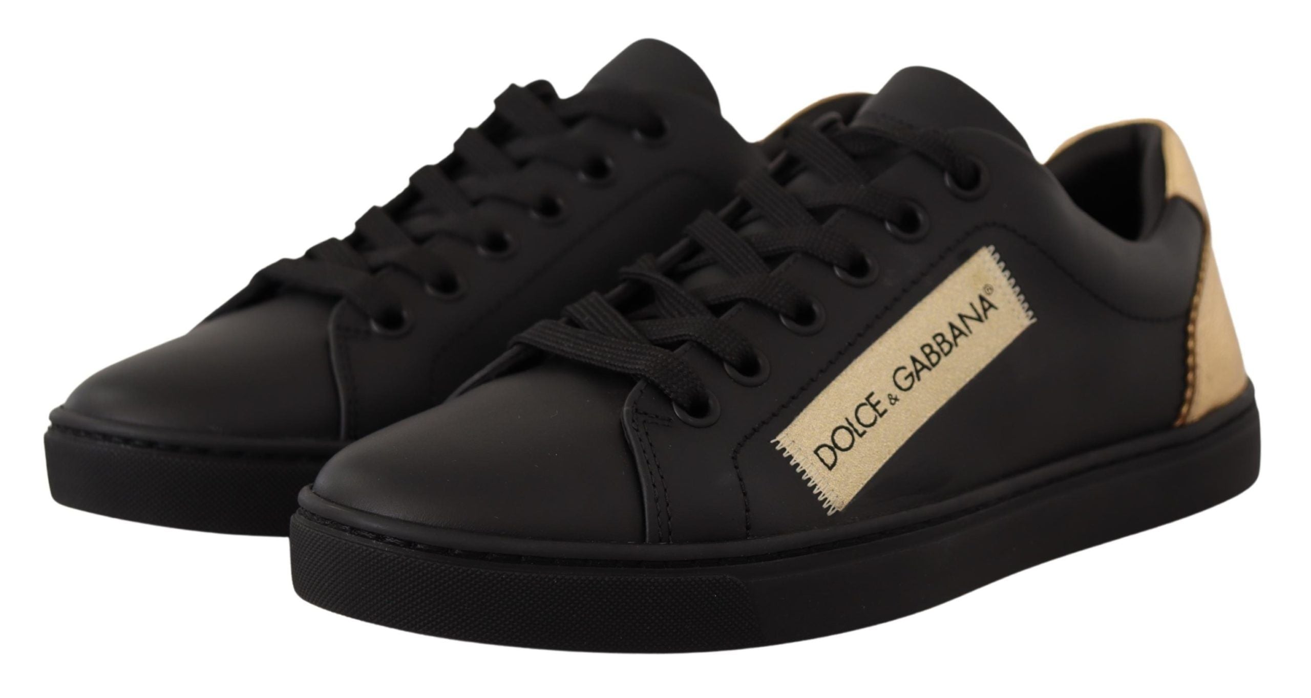Dolce & Gabbana Black Gold Leather Low Top Sneakers Womens Shoes (Pre-Owned)