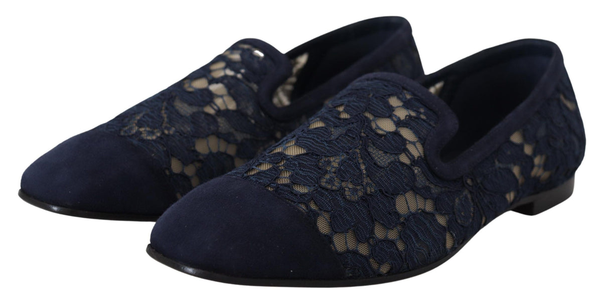 Dolce & Gabbana Blue Floral Lace Slip Ons Loafers Flats Women's Shoes
