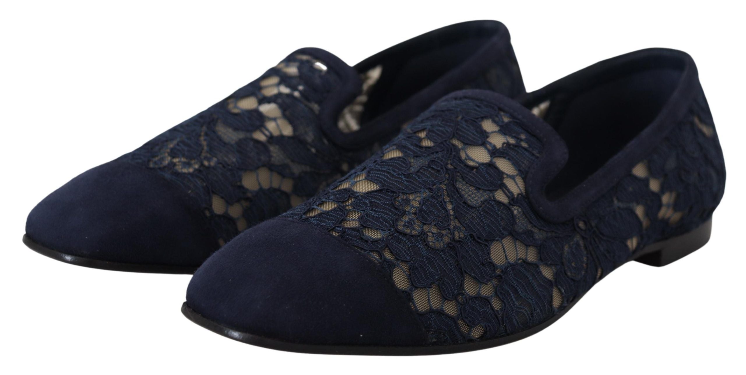 Dolce & Gabbana Blue Floral Lace Slip Ons Loafers Flats Women's Shoes