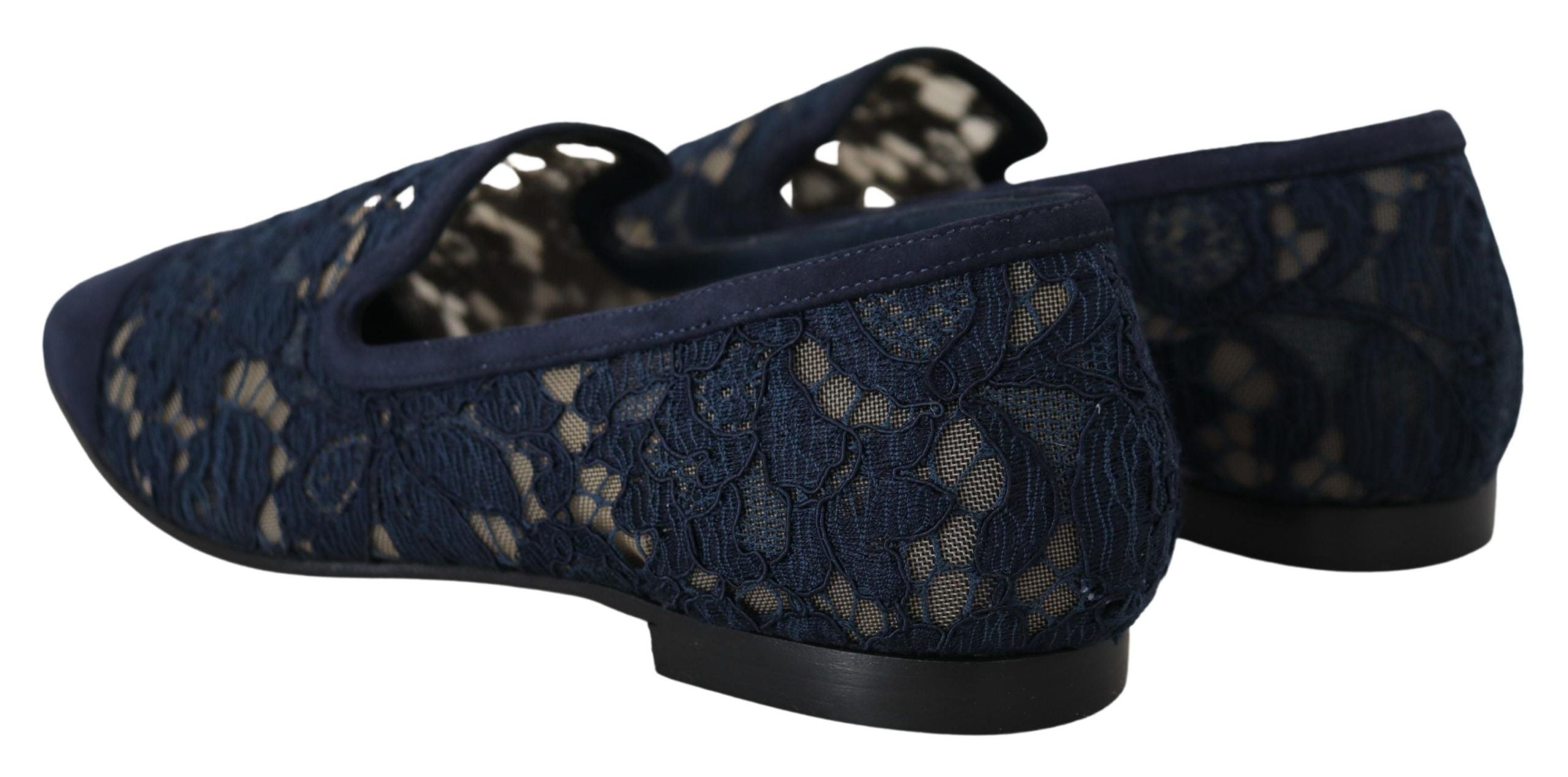 Dolce & Gabbana Blue Floral Lace Slip Ons Loafers Flats Women's Shoes
