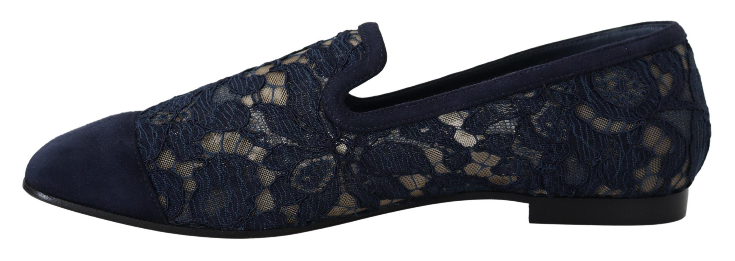 Dolce & Gabbana Blue Floral Lace Slip Ons Loafers Flats Women's Shoes