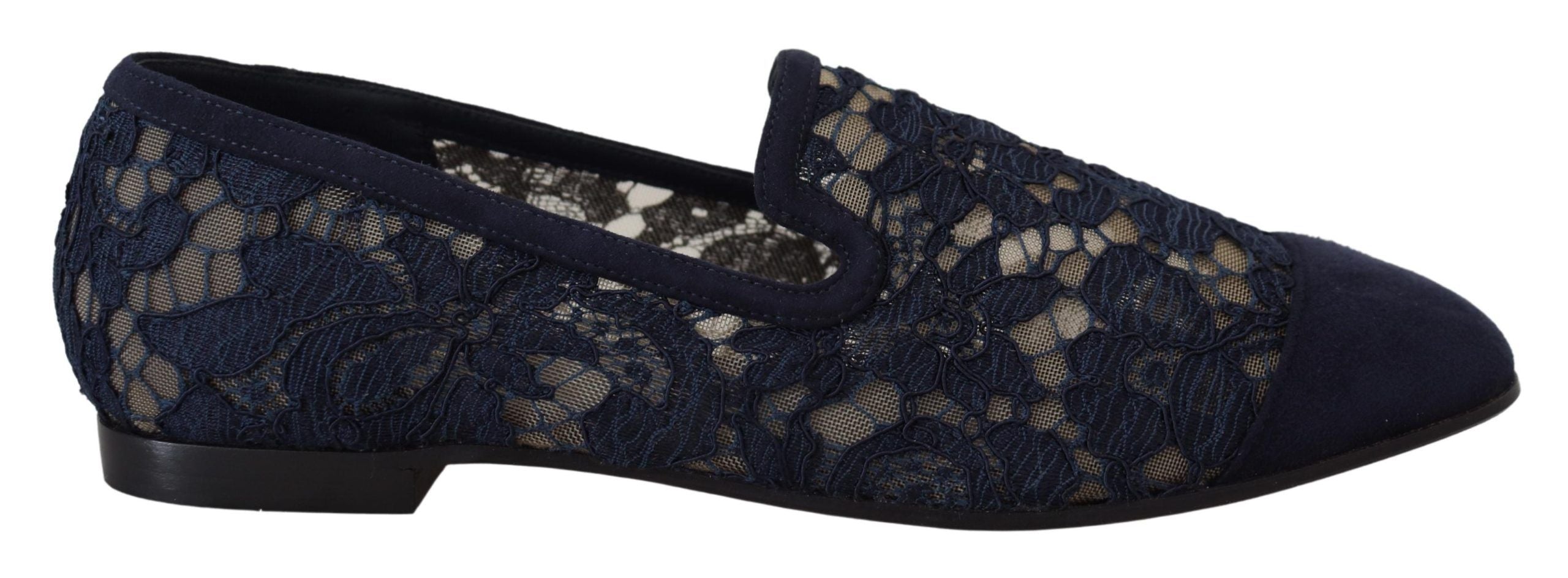 Dolce & Gabbana Blue Floral Lace Slip Ons Loafers Flats Women's Shoes