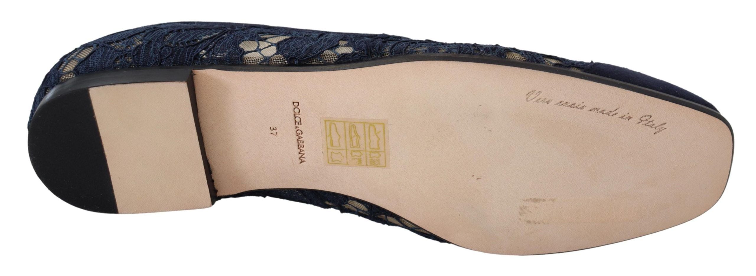 Dolce & Gabbana Blue Floral Lace Slip Ons Loafers Flats Women's Shoes