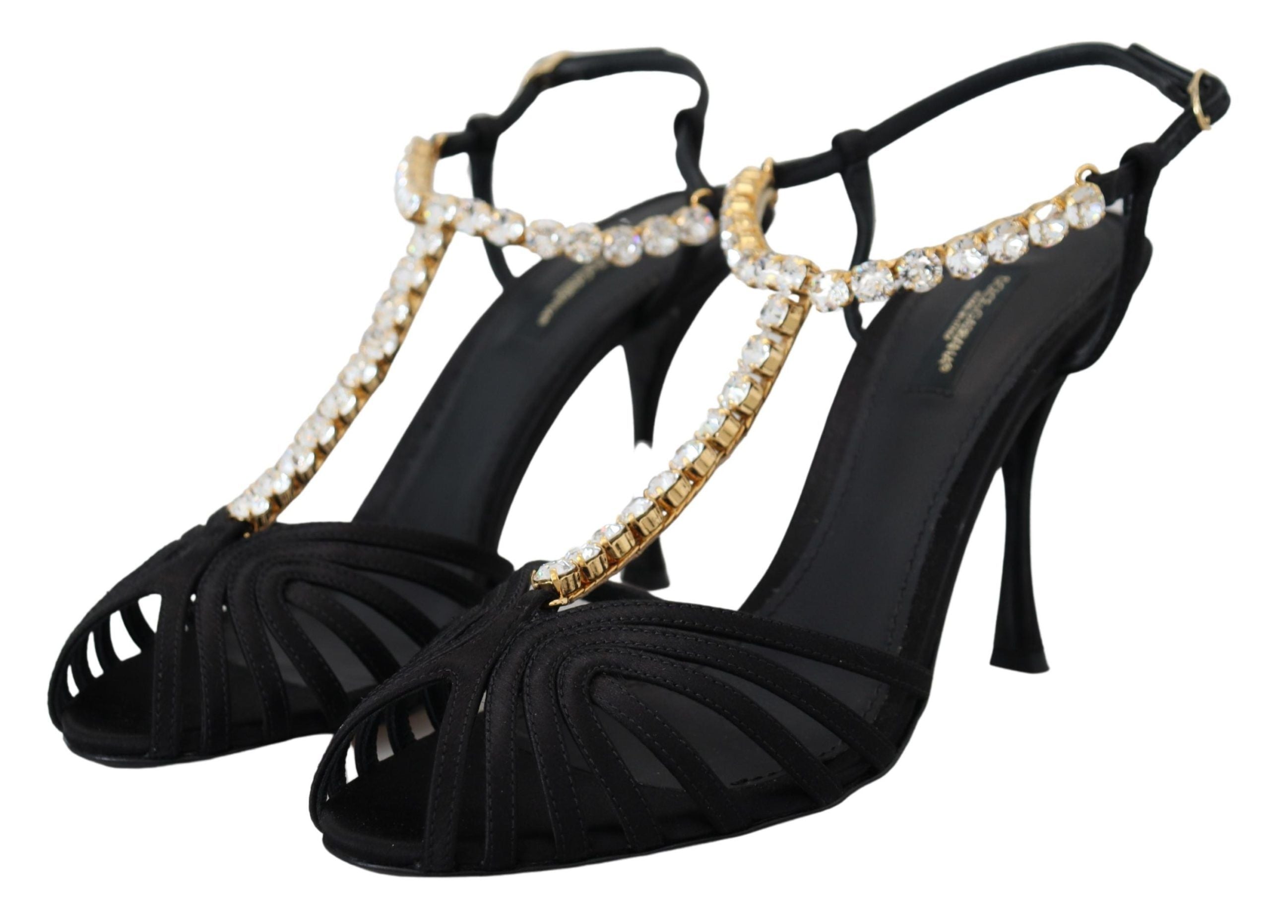 Dolce & Gabbana Black Satin Clear Crystal T-strap Sandal Women's Shoes