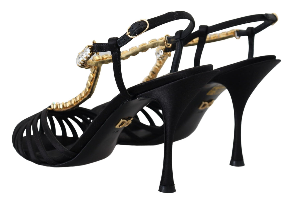 Dolce & Gabbana Black Satin Clear Crystal T-strap Sandal Women's Shoes