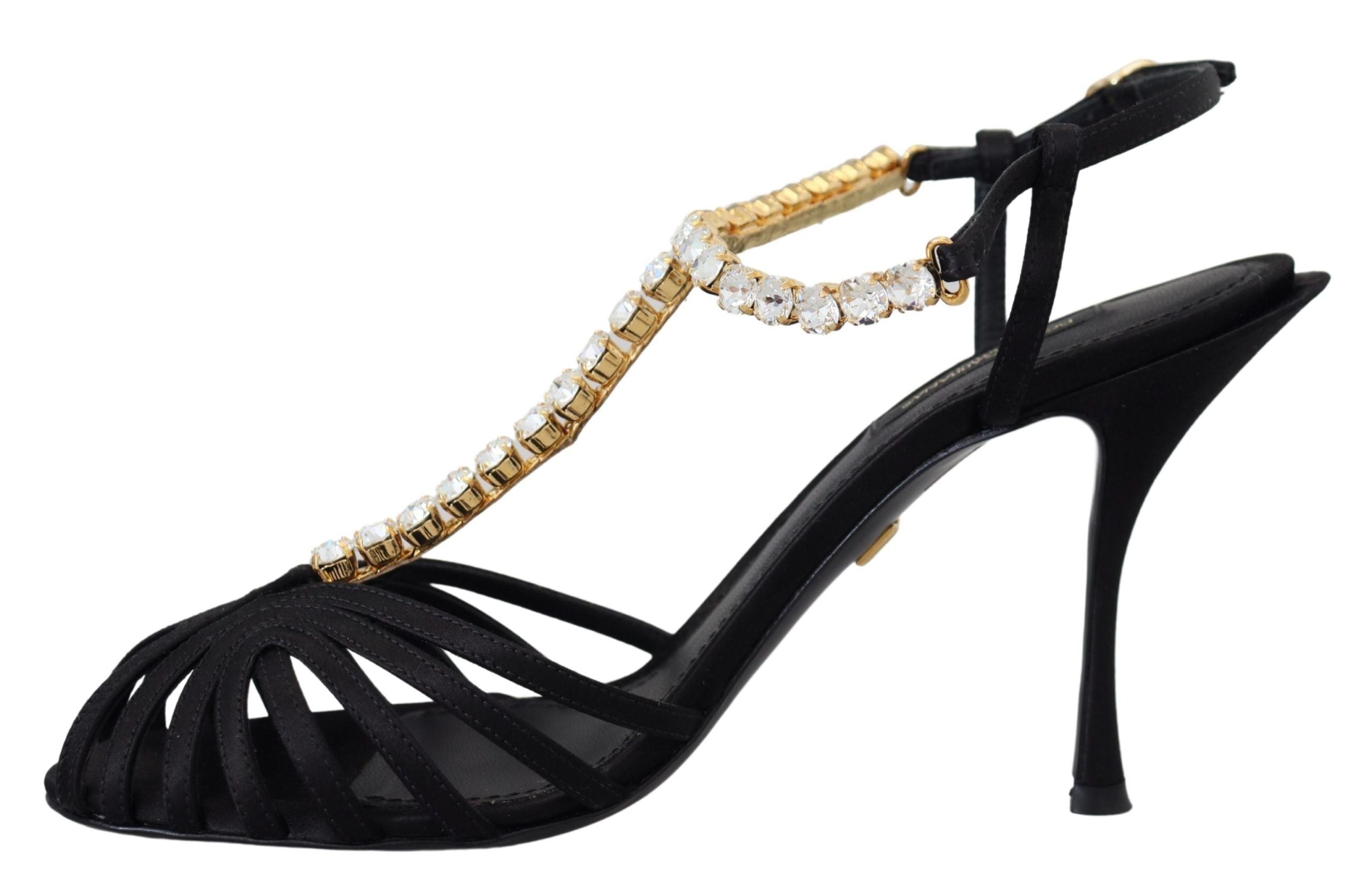 Dolce & Gabbana Black Satin Clear Crystal T-strap Sandal Women's Shoes