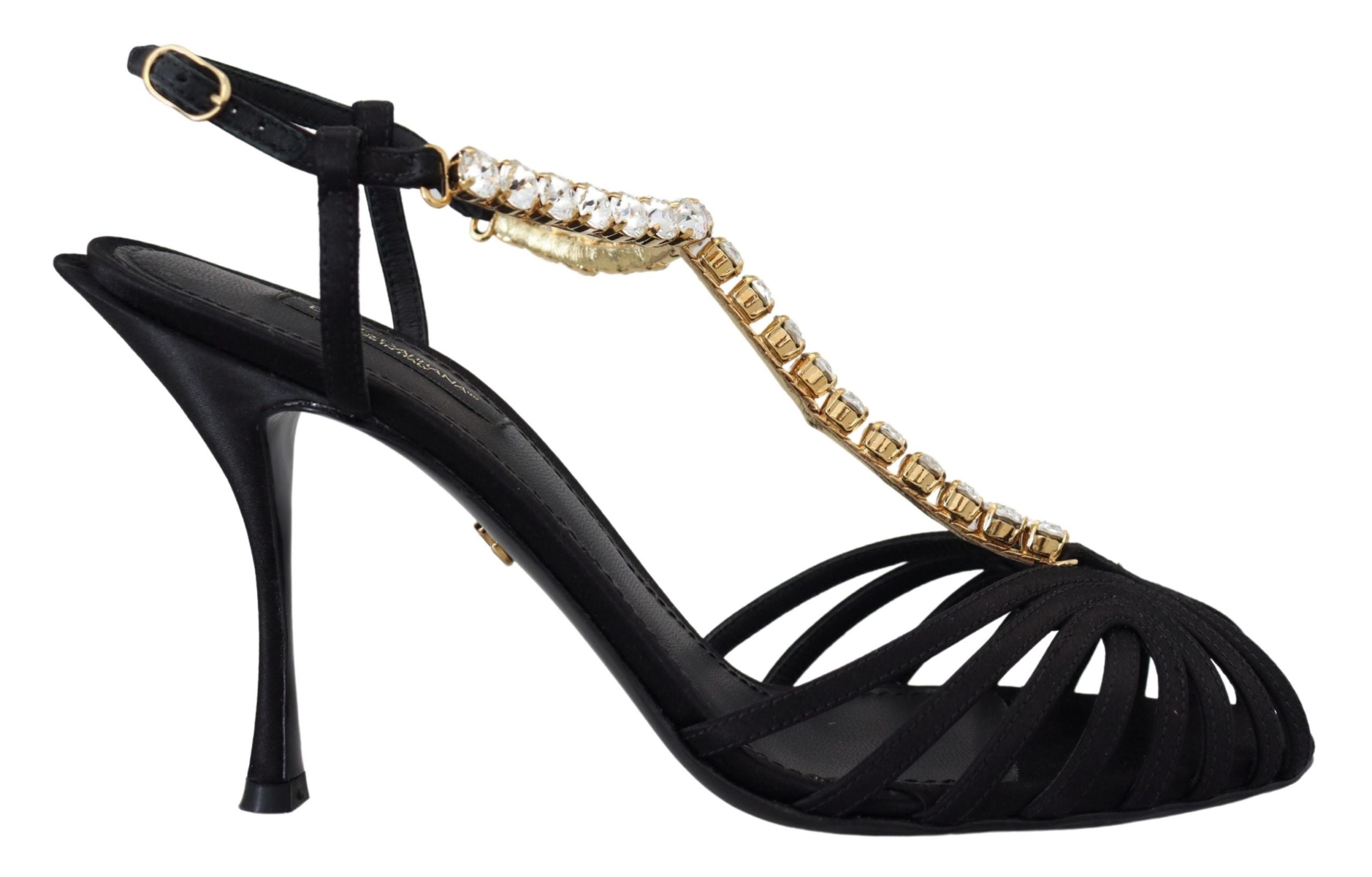 Dolce & Gabbana Black Satin Clear Crystal T-strap Sandal Women's Shoes