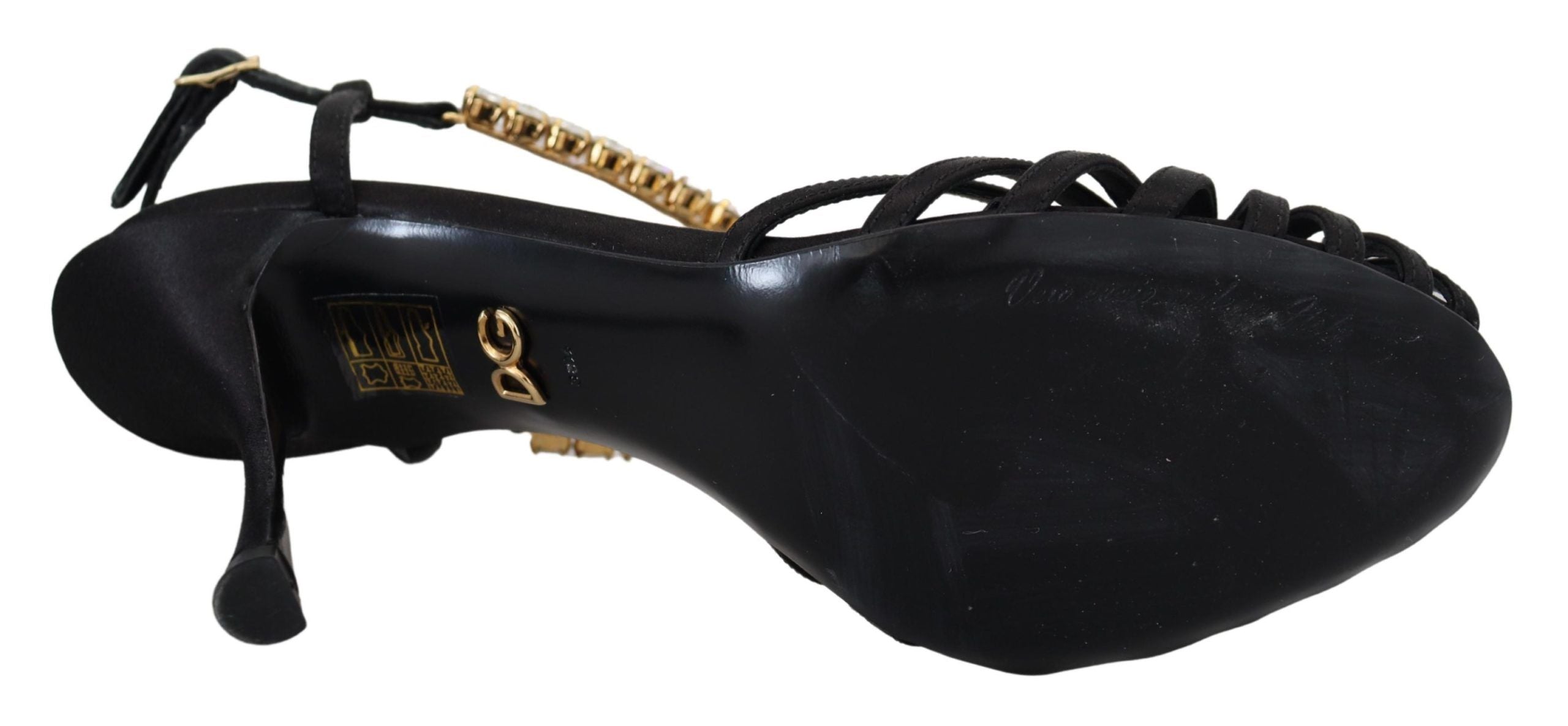 Dolce & Gabbana Black Satin Clear Crystal T-strap Sandal Women's Shoes