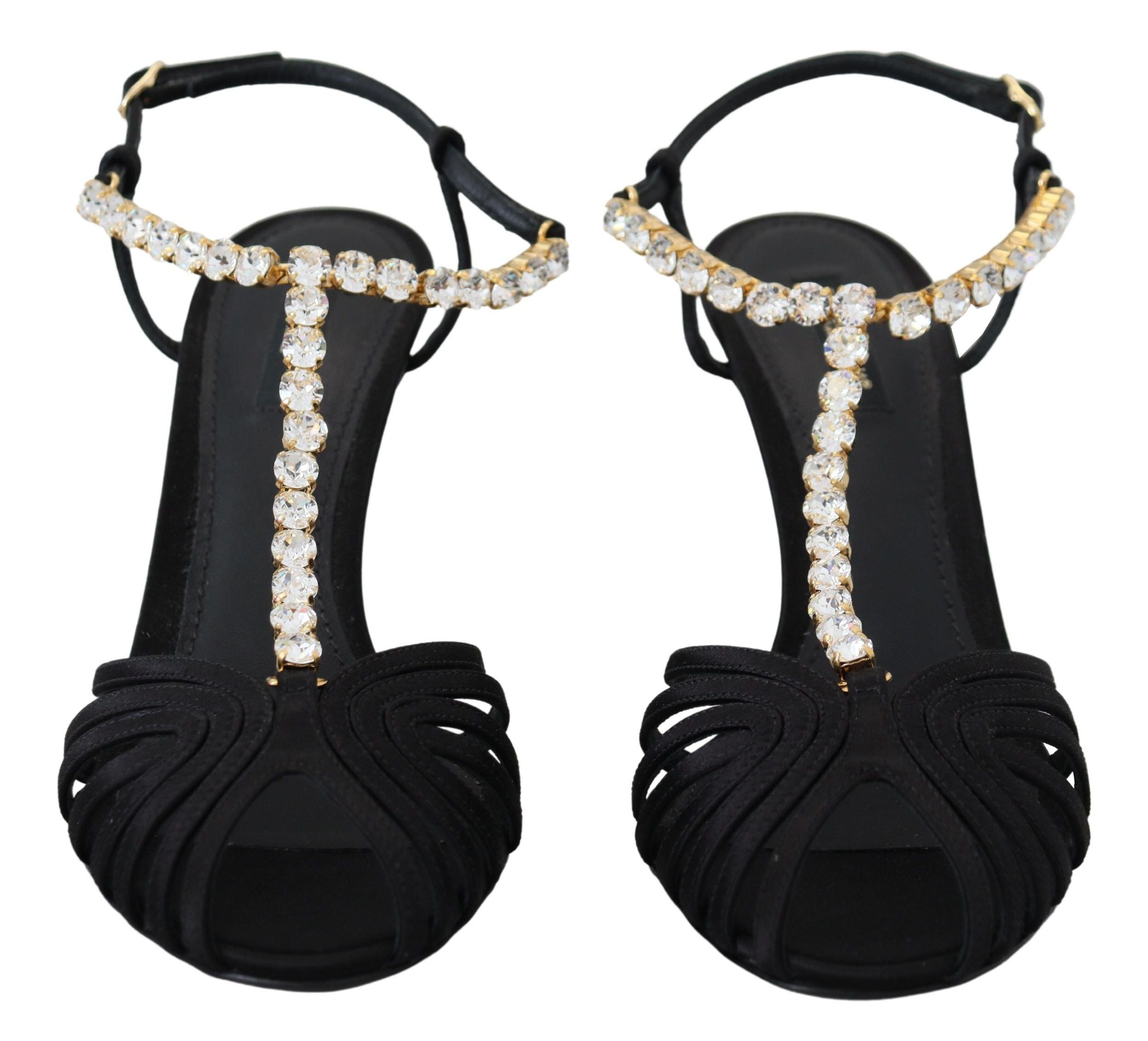 Dolce & Gabbana Black Satin Clear Crystal T-strap Sandal Women's Shoes