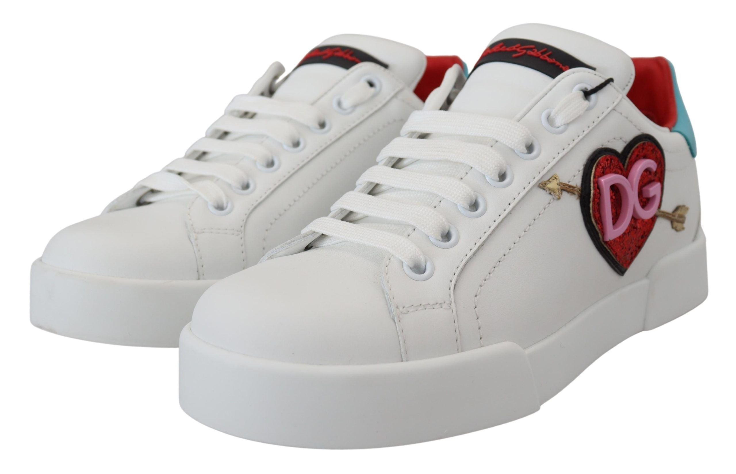 Dolce & Gabbana White Leather Sneaker Portofino Logo Heart Women's Shoes
