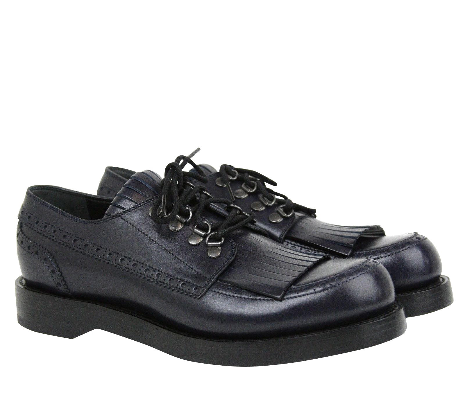 Gucci Fringed Brogue Lace-Up Dark Blue Leather Shoes 358271 4009