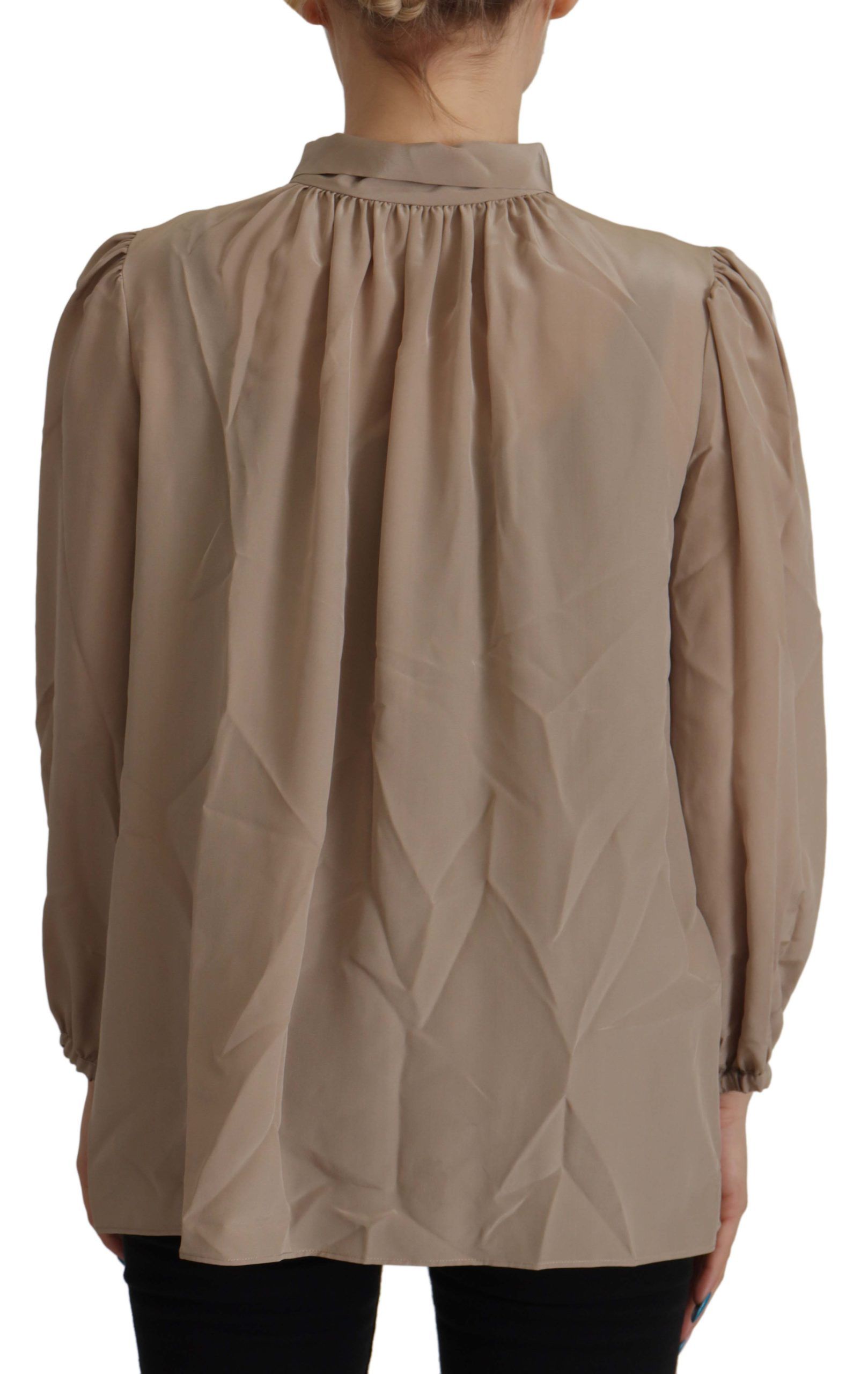 Dolce & Gabbana Brown Waistband Sleeves Ascot Collar Top Women's Blouse