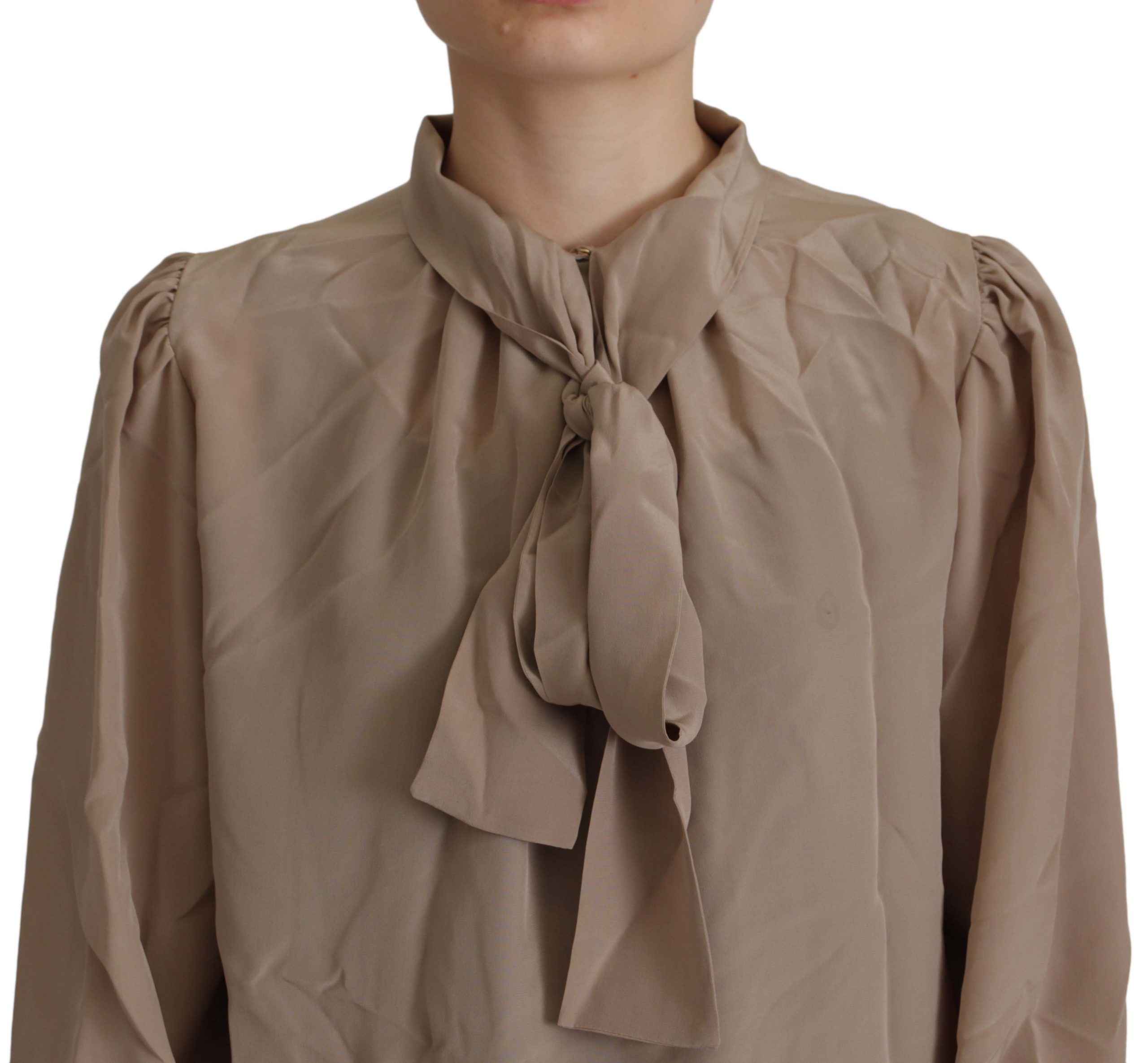 Dolce & Gabbana Brown Waistband Sleeves Ascot Collar Top Women's Blouse