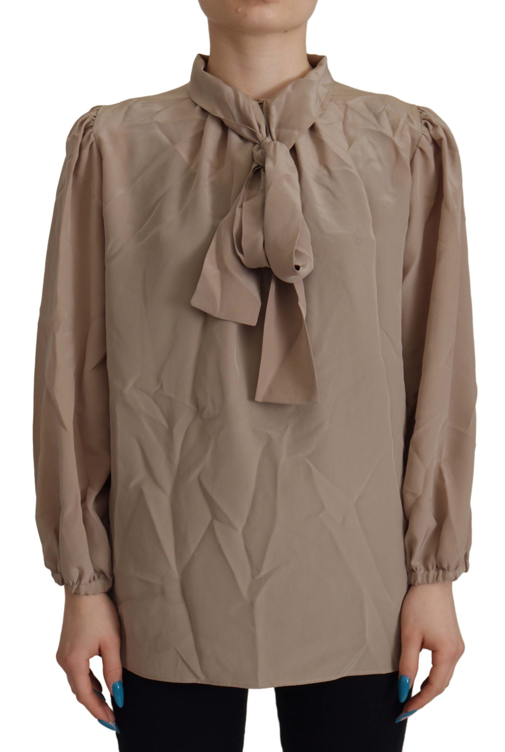 Dolce & Gabbana Brown Waistband Sleeves Ascot Collar Top Women's Blouse
