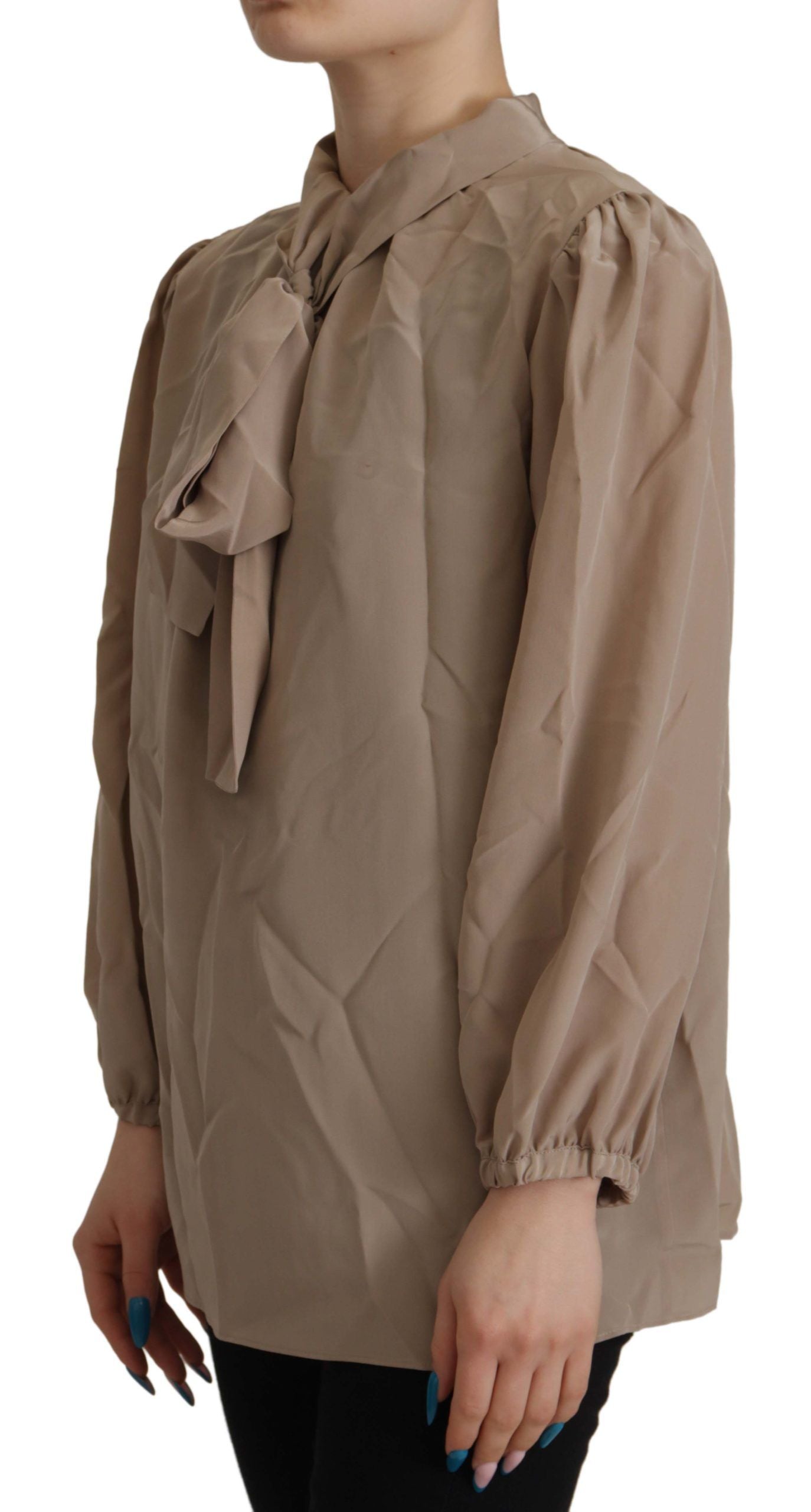 Dolce & Gabbana Brown Waistband Sleeves Ascot Collar Top Women's Blouse