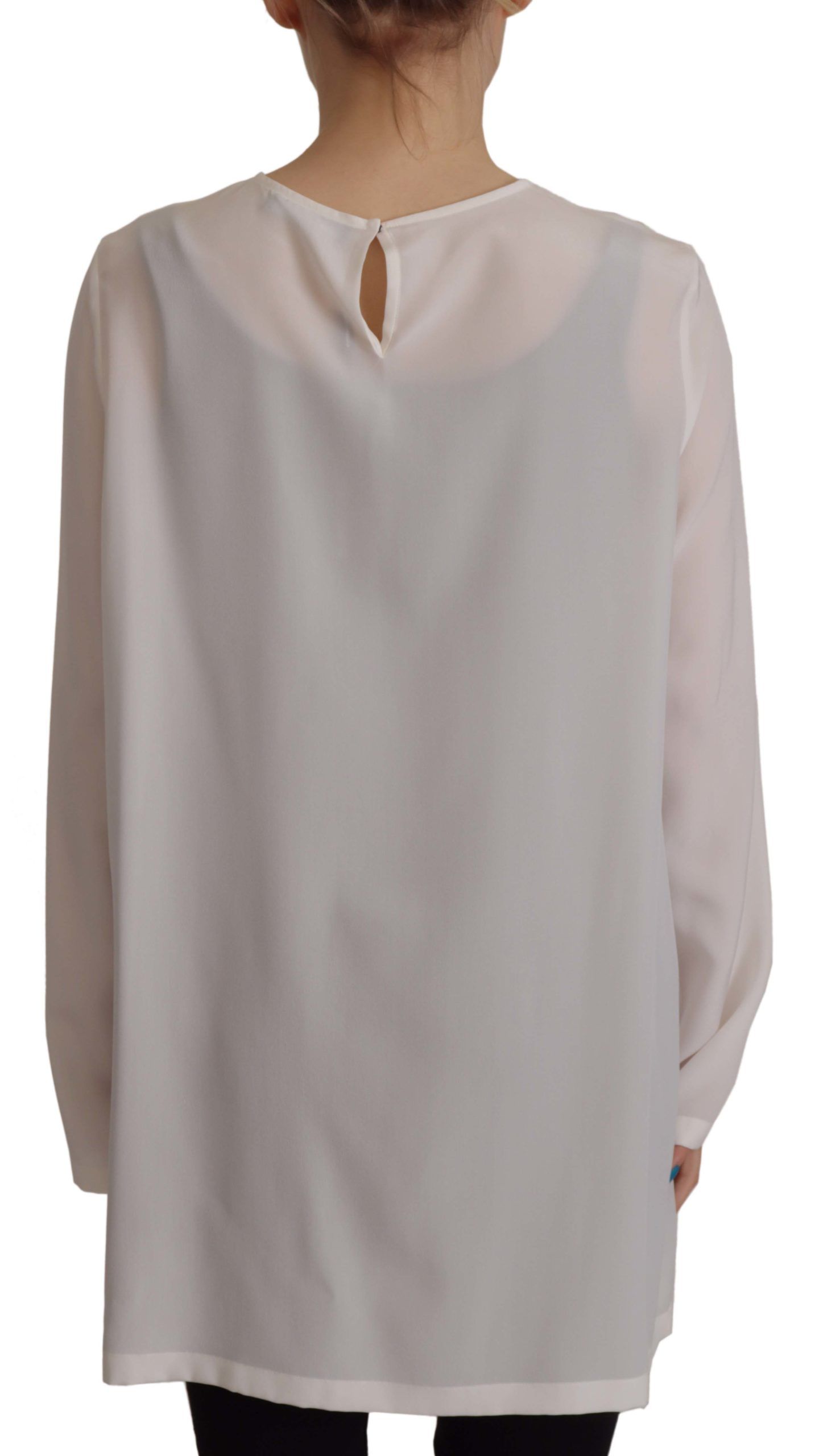 Dolce & Gabbana White Silk DG Logo Embroidered Long Sleeves Women's Blouse