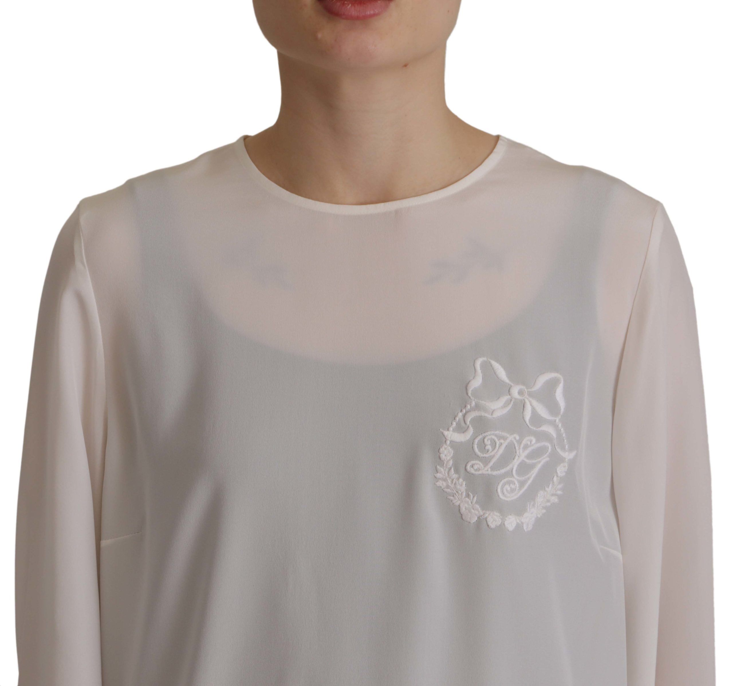 Dolce & Gabbana White Silk DG Logo Embroidered Long Sleeves Women's Blouse