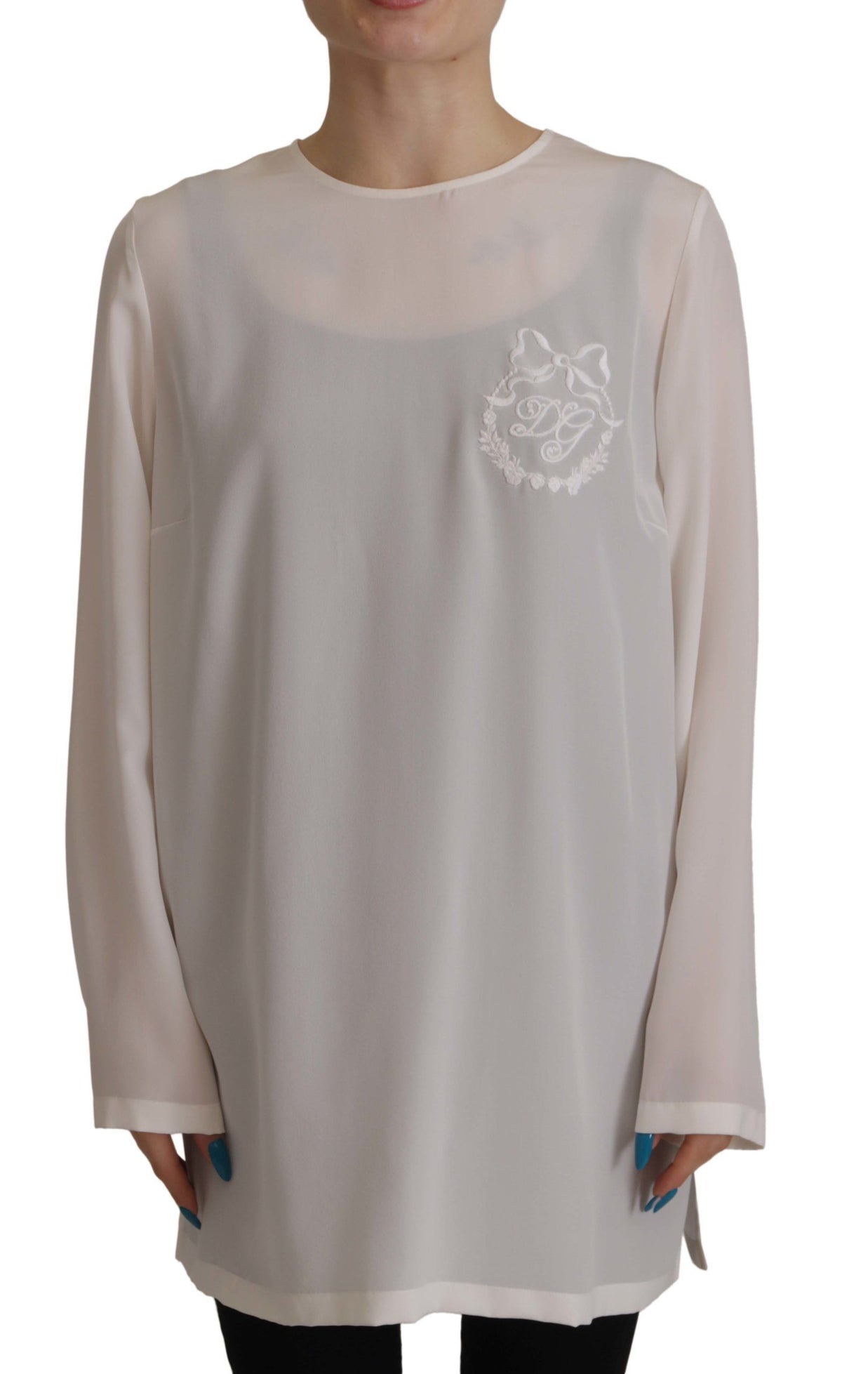 Dolce & Gabbana White Silk DG Logo Embroidered Long Sleeves Women's Blouse