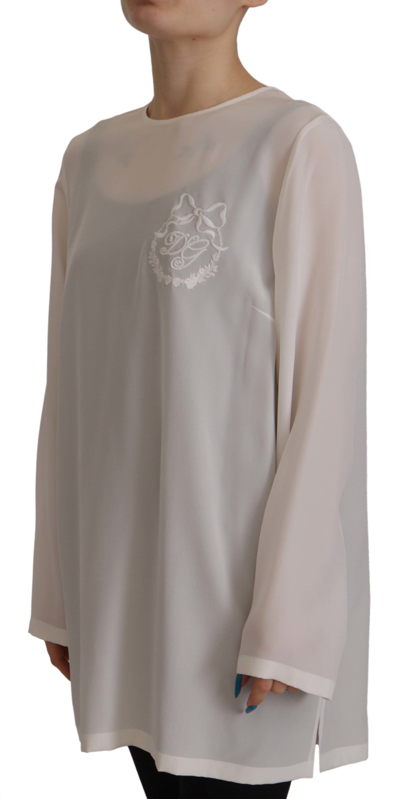 Dolce & Gabbana White Silk DG Logo Embroidered Long Sleeves Women's Blouse