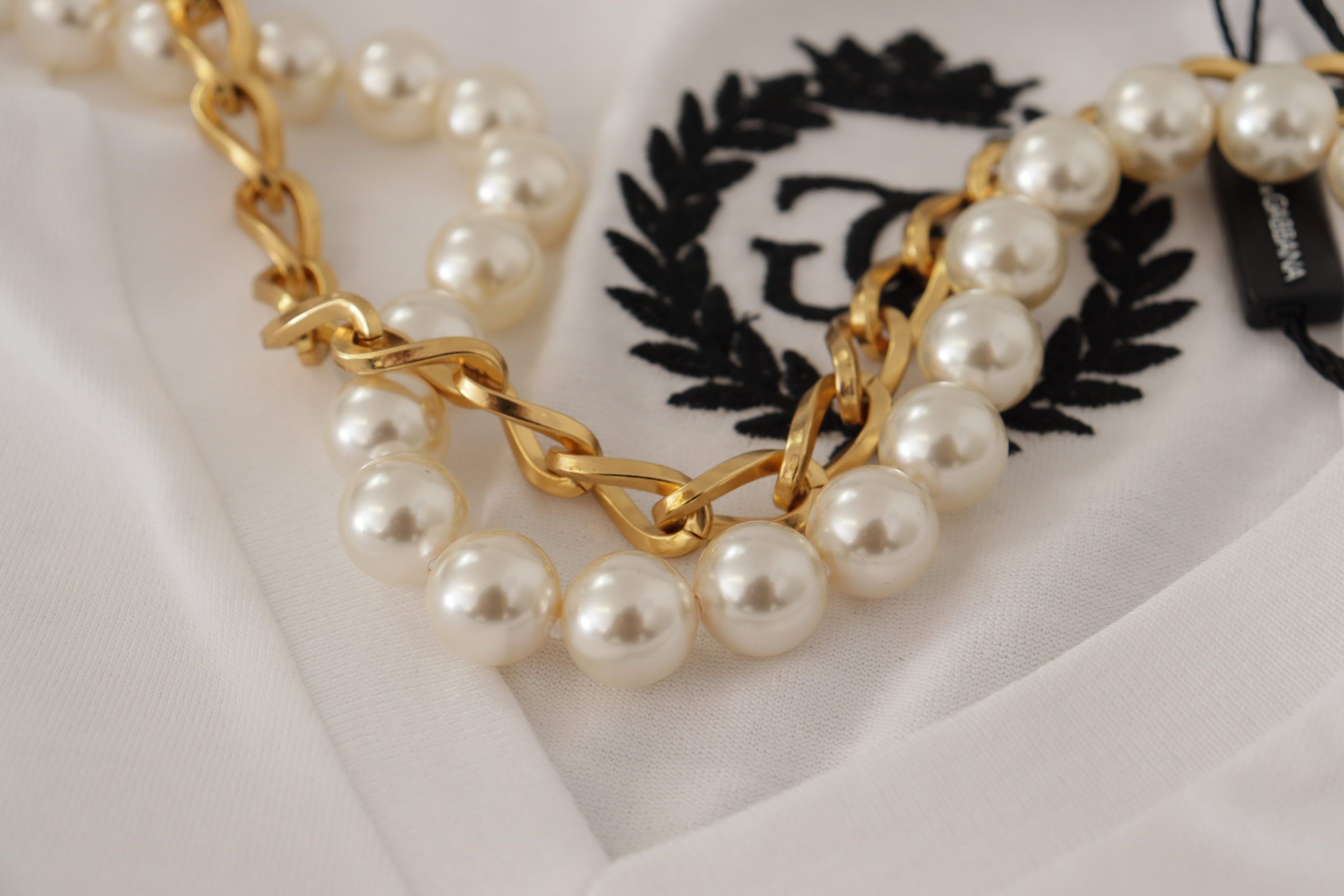 Dolce & Gabbana White Necklace Embellished Neckline T-shirt Women's Top