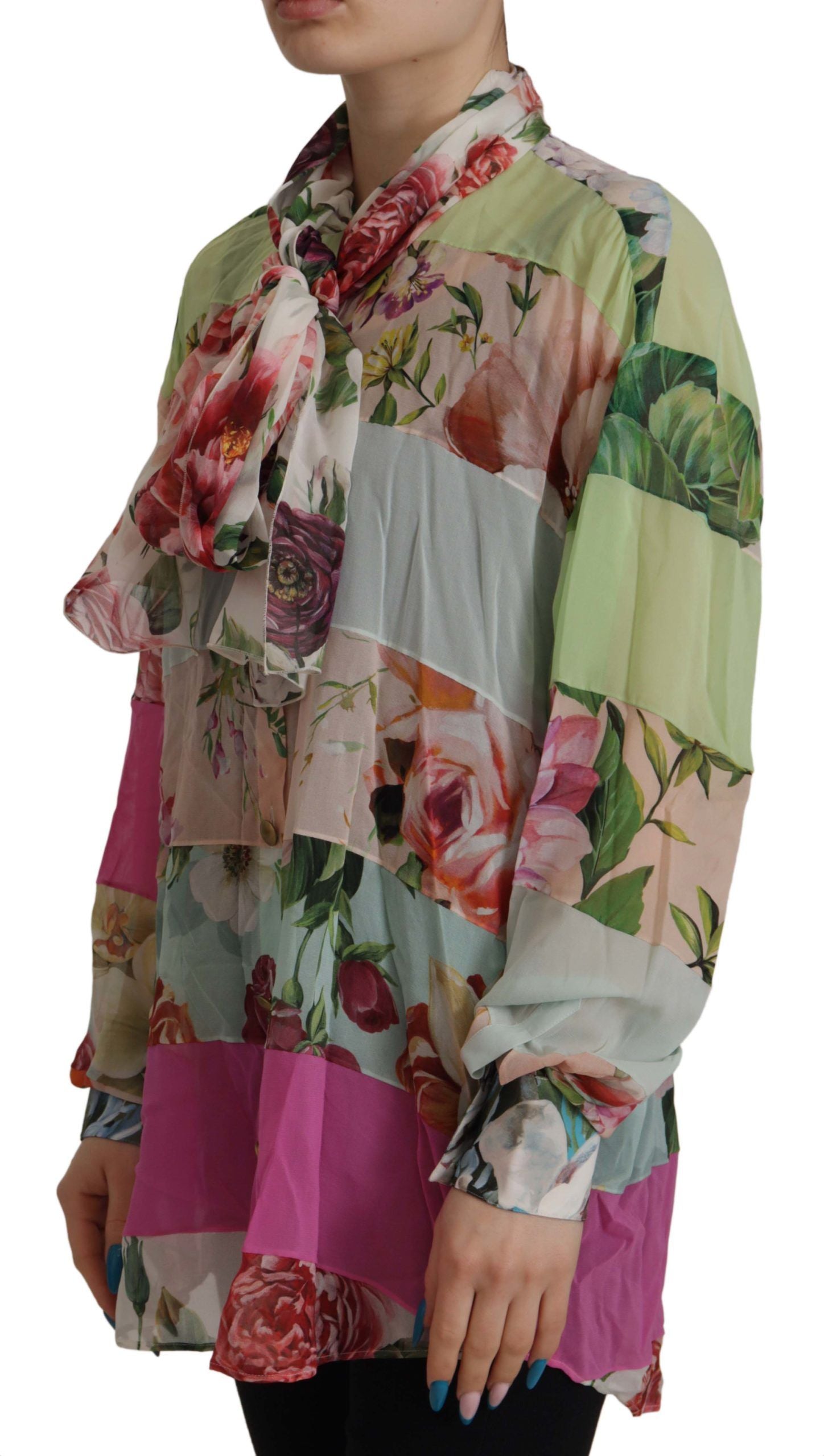 Dolce & Gabbana Multicolor Floral Patchwork Design Ascot Collar Top Women's Blouse