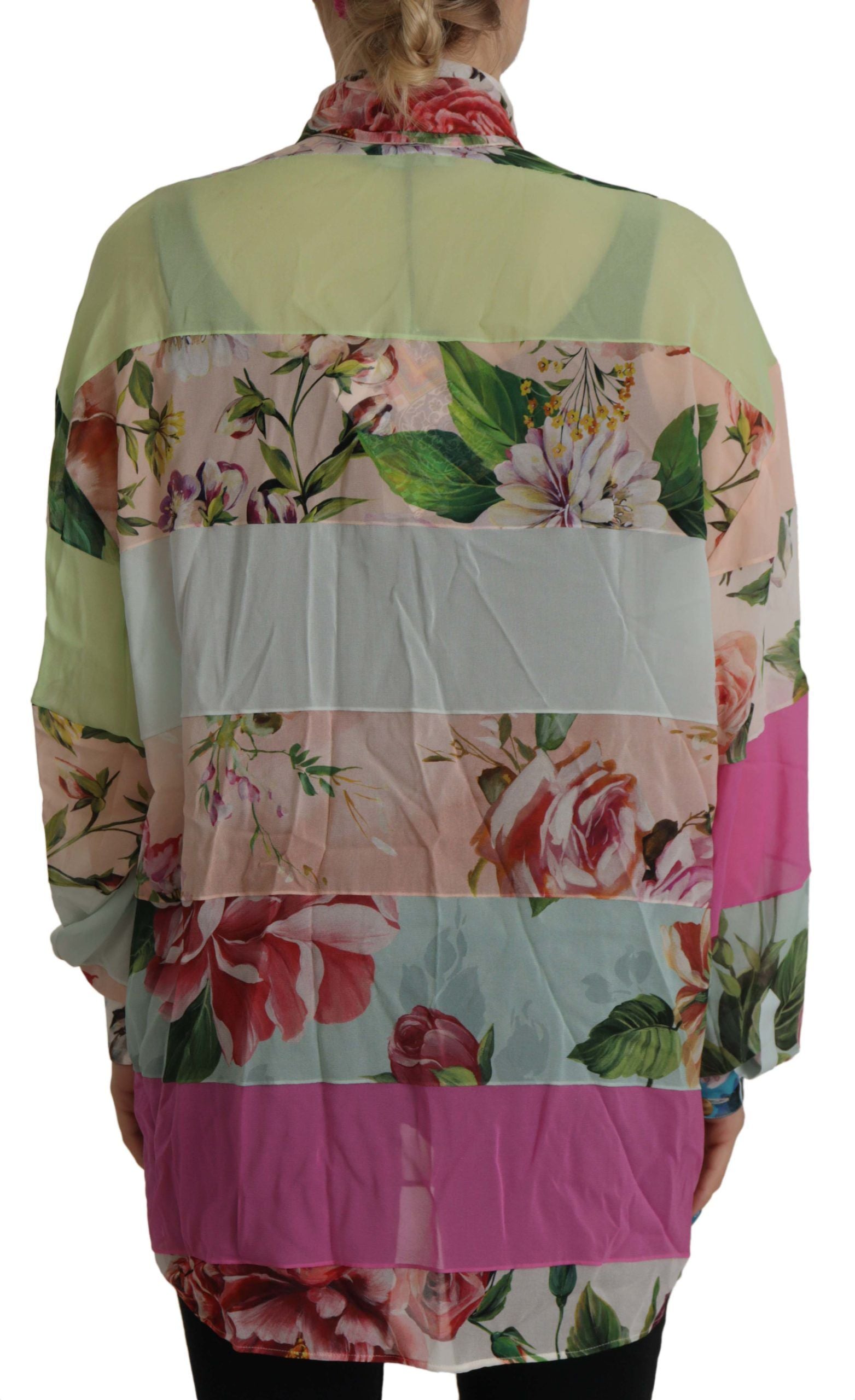 Dolce & Gabbana Multicolor Floral Patchwork Design Ascot Collar Top Women's Blouse