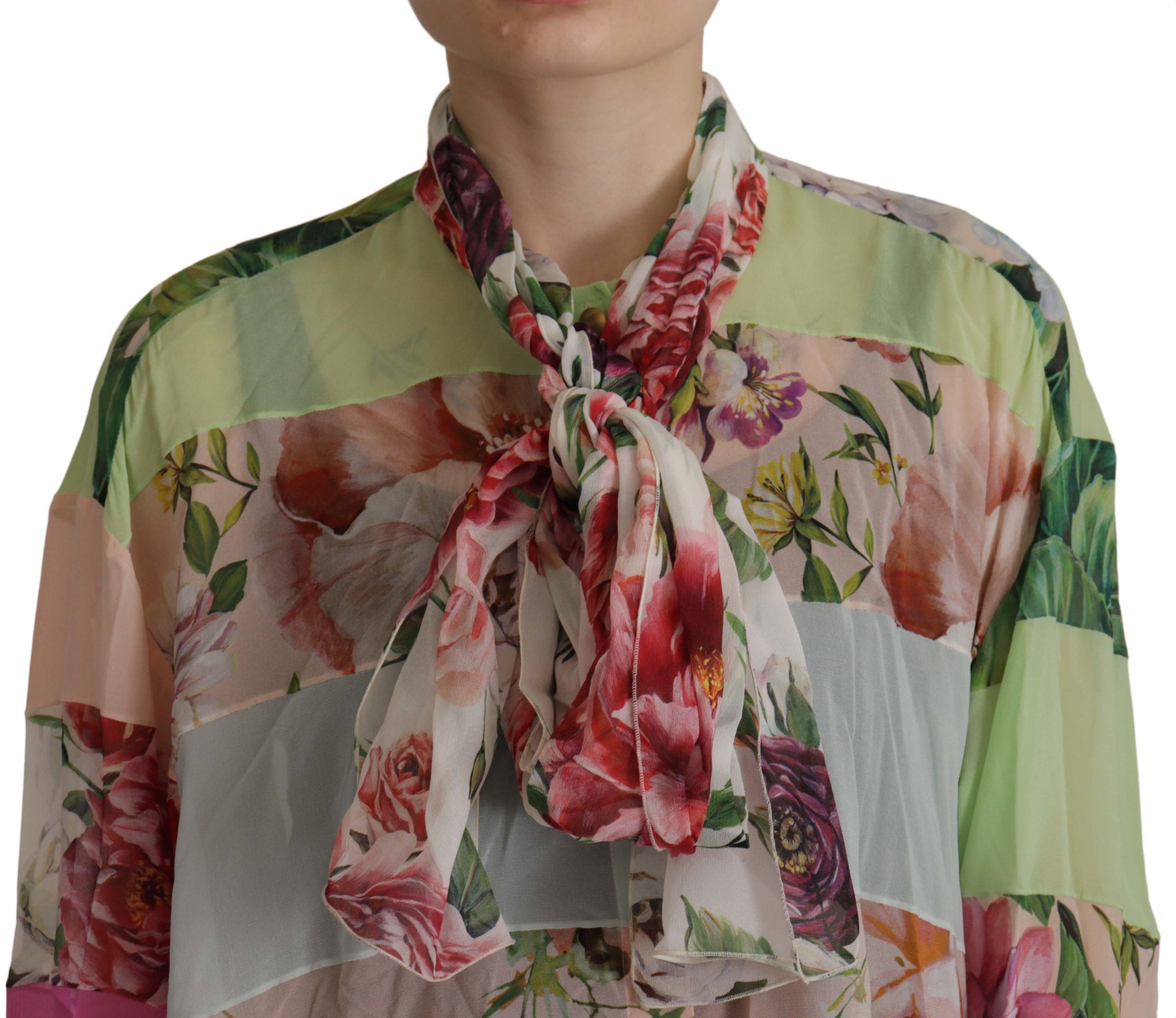 Dolce & Gabbana Multicolor Floral Patchwork Design Ascot Collar Top Women's Blouse