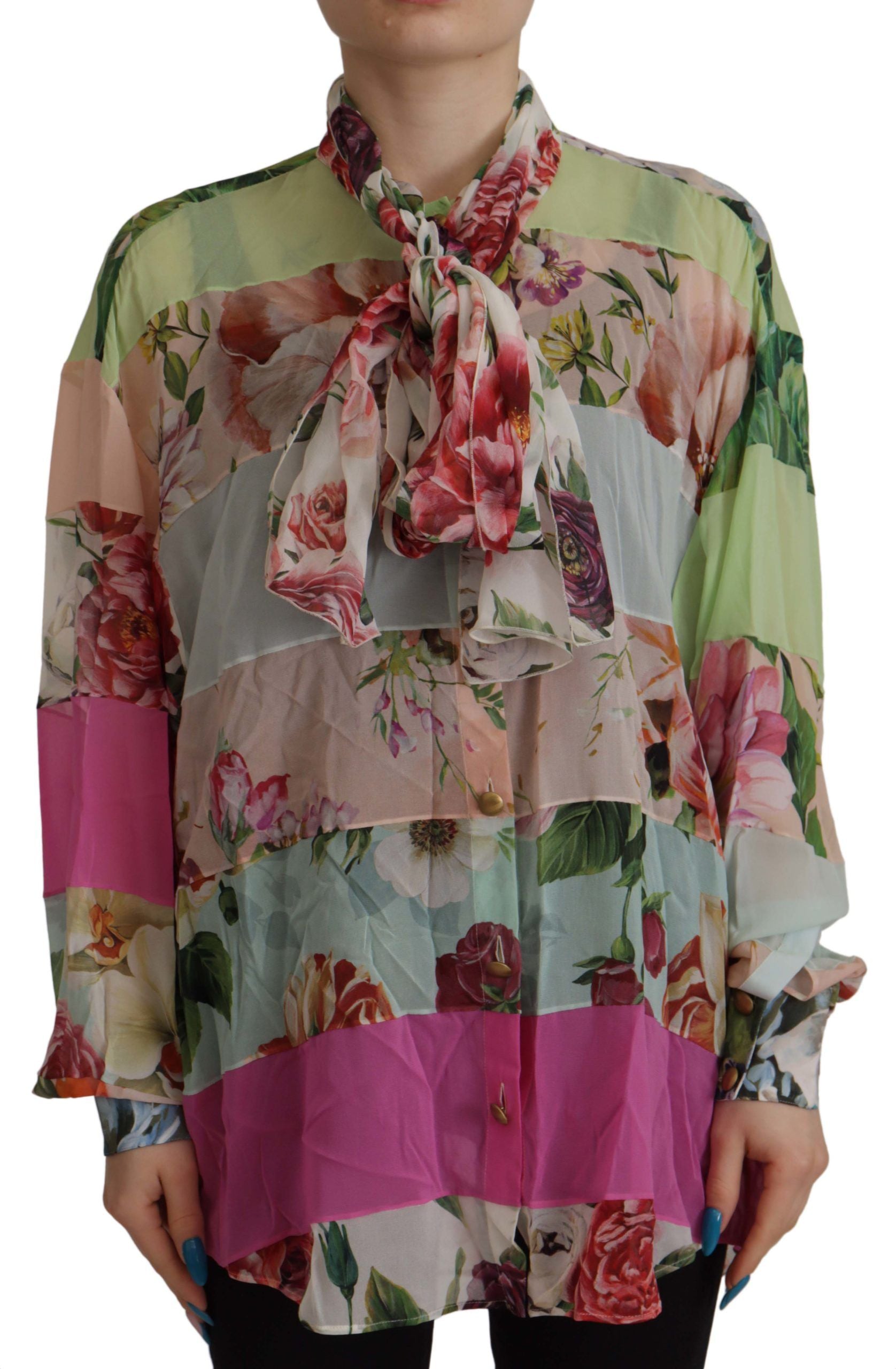 Dolce & Gabbana Multicolor Floral Patchwork Design Ascot Collar Top Women's Blouse