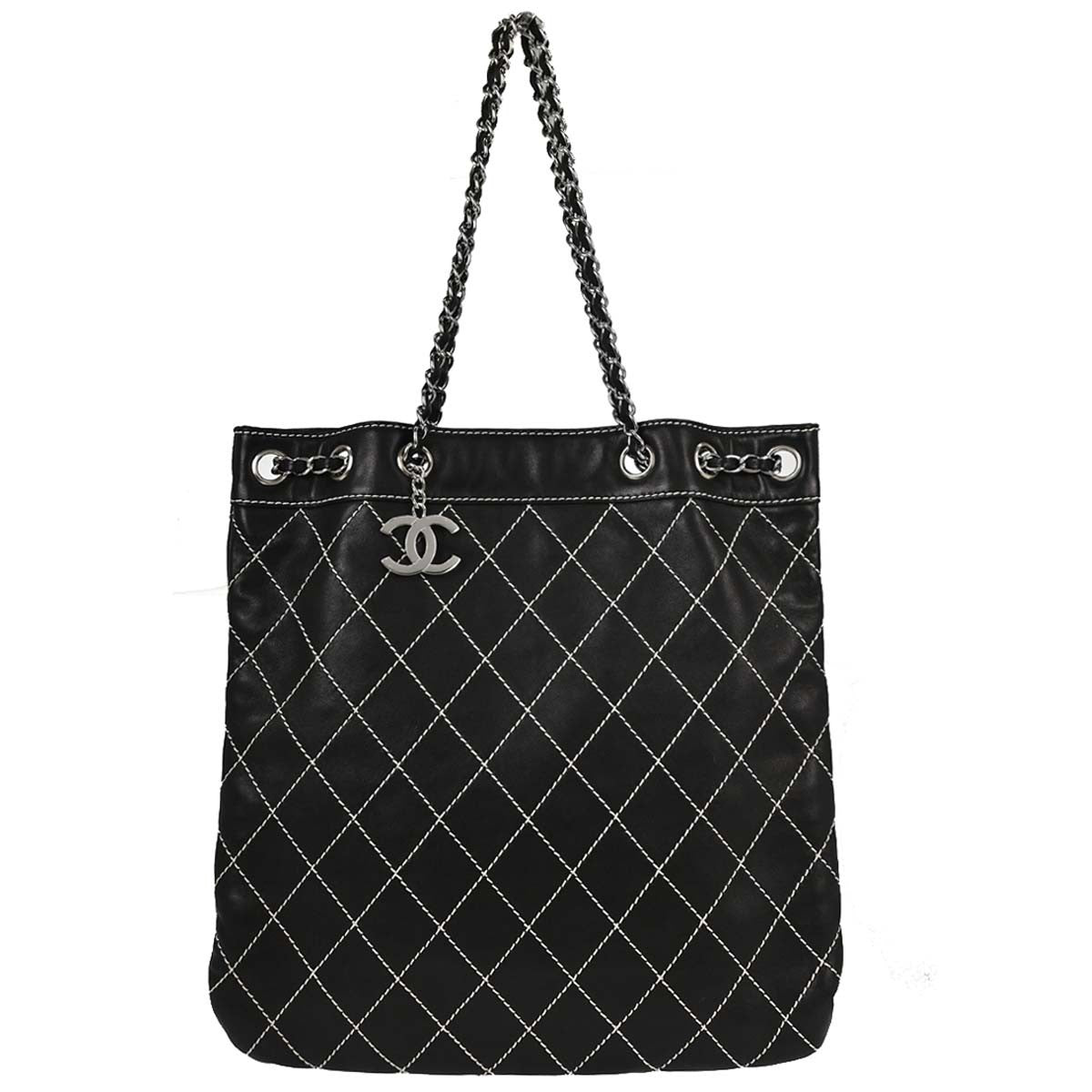 Chanel Surpique Chain Quilted Leather Black Calfskin Tote Bag Bag (Pre-Owned)