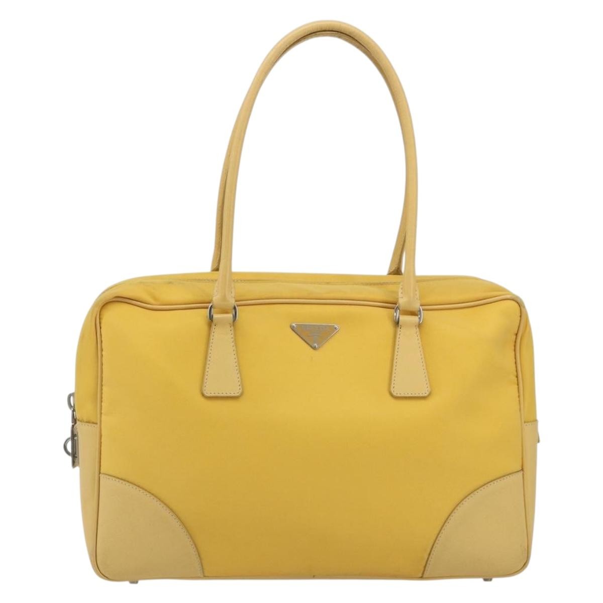 Prada Bauletto Tessuto With Saffiano Leather Yellow Canvas Handbag (Pre-Owned)