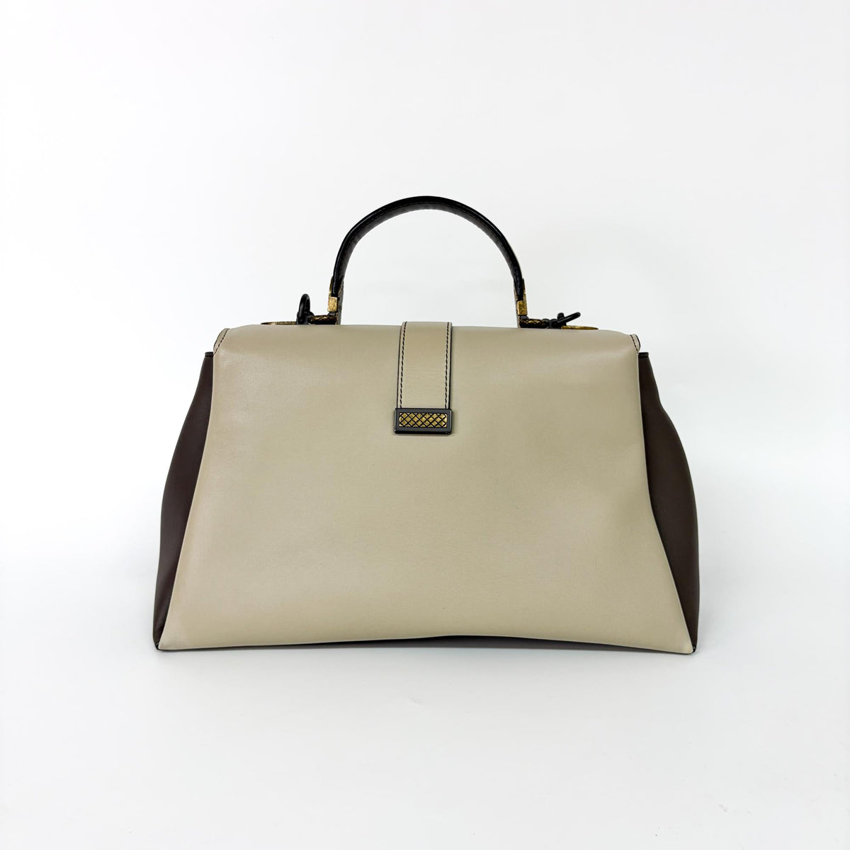Bottega Veneta Piazza Top Handle Leather With Intrecciato Detail Gray Leather Handbag (Pre-Owned)