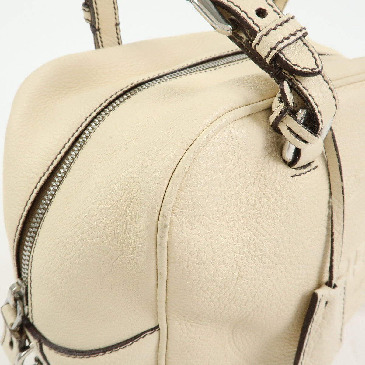 Prada Embossed Logo Bauletto Vitello Daino Beige Leather Handbag (Pre-Owned)