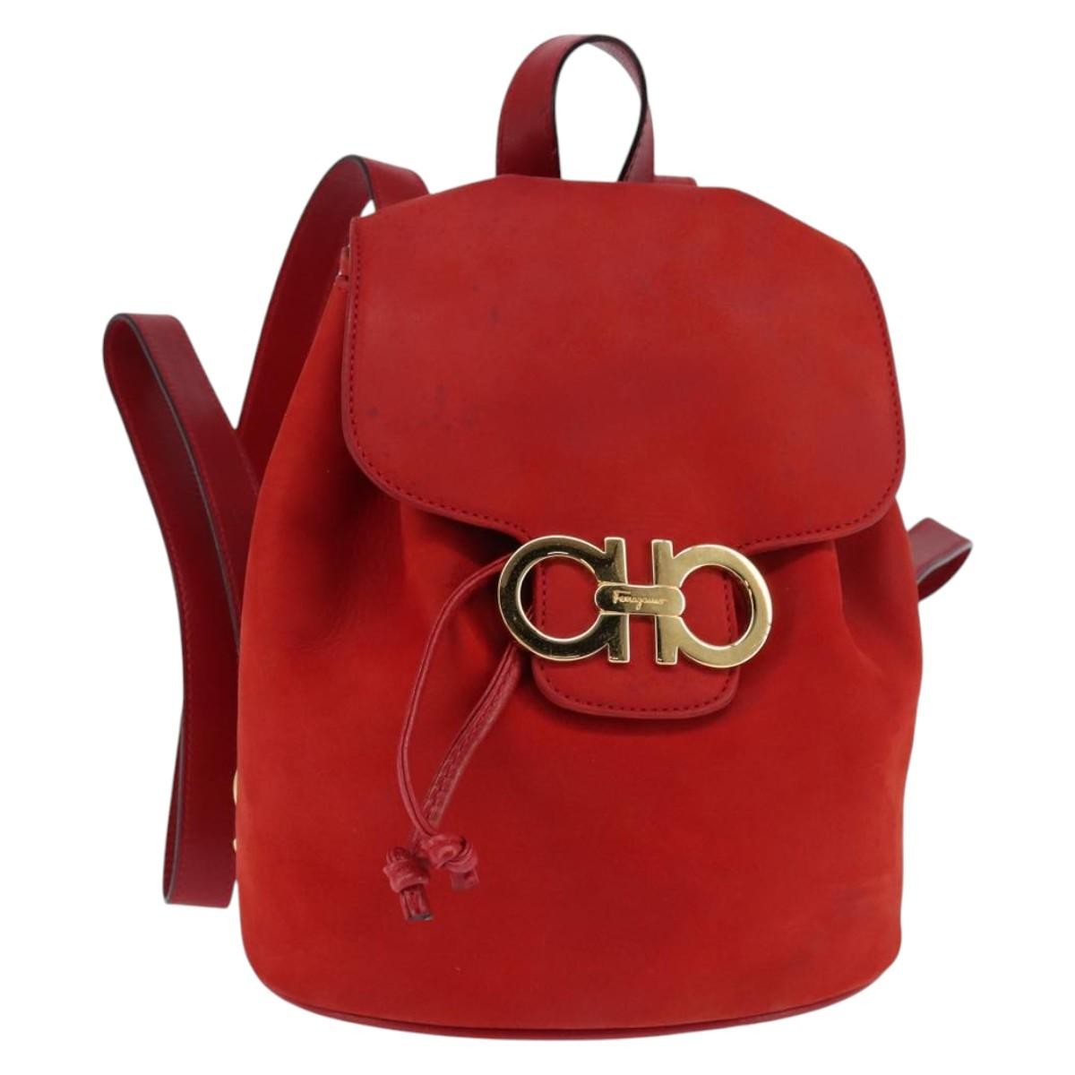 Salvatore Ferragamo Gancini Flap Drawstring Leather Red Leather Backpack Bag (Pre-Owned)