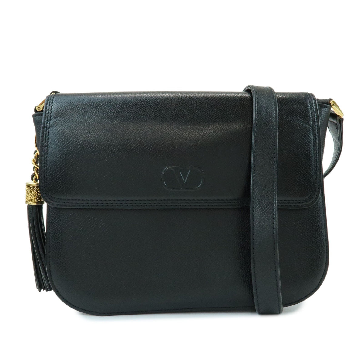 Valentino Garavani Vlogo Flap Leather Black Leather Shoulder Bag Bag (Pre-Owned)