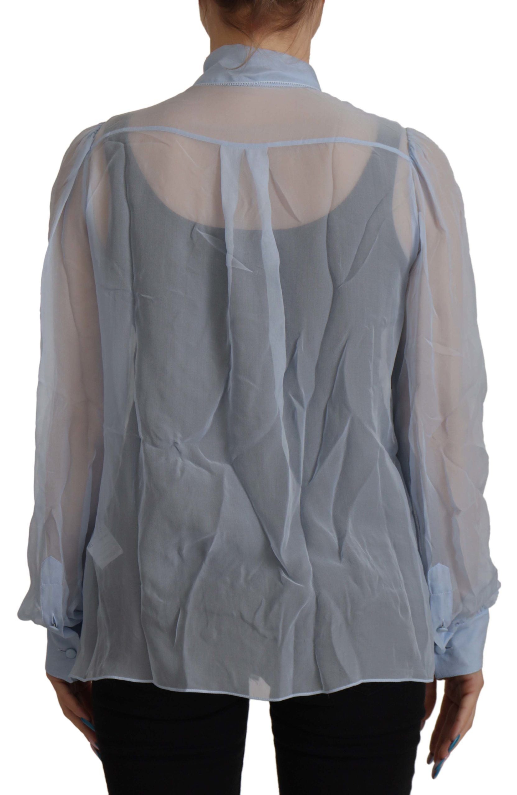 Dolce & Gabbana Light Blue Silk Ascot Collar Long Sleeves Women's Top