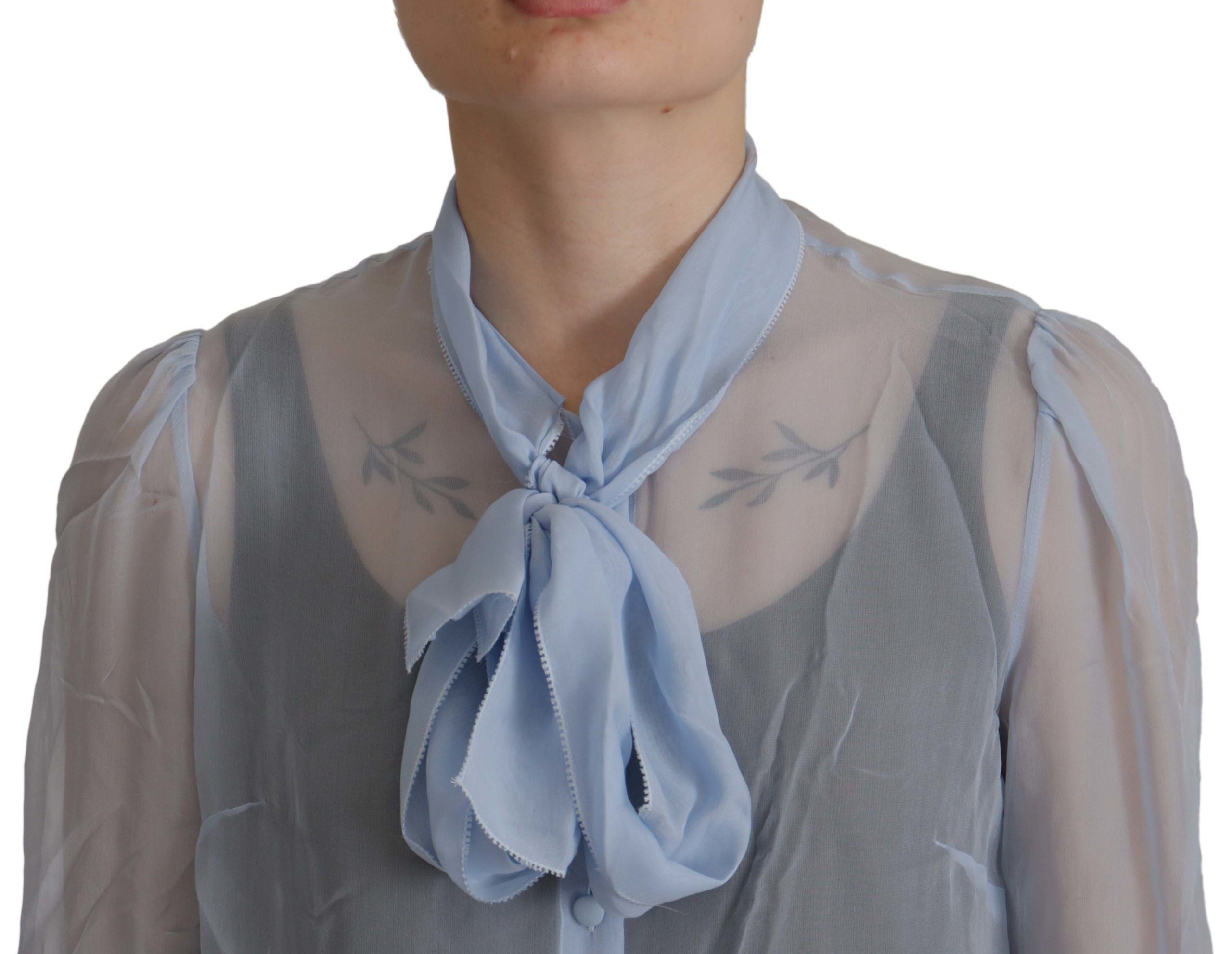 Dolce & Gabbana Light Blue Silk Ascot Collar Long Sleeves Women's Top