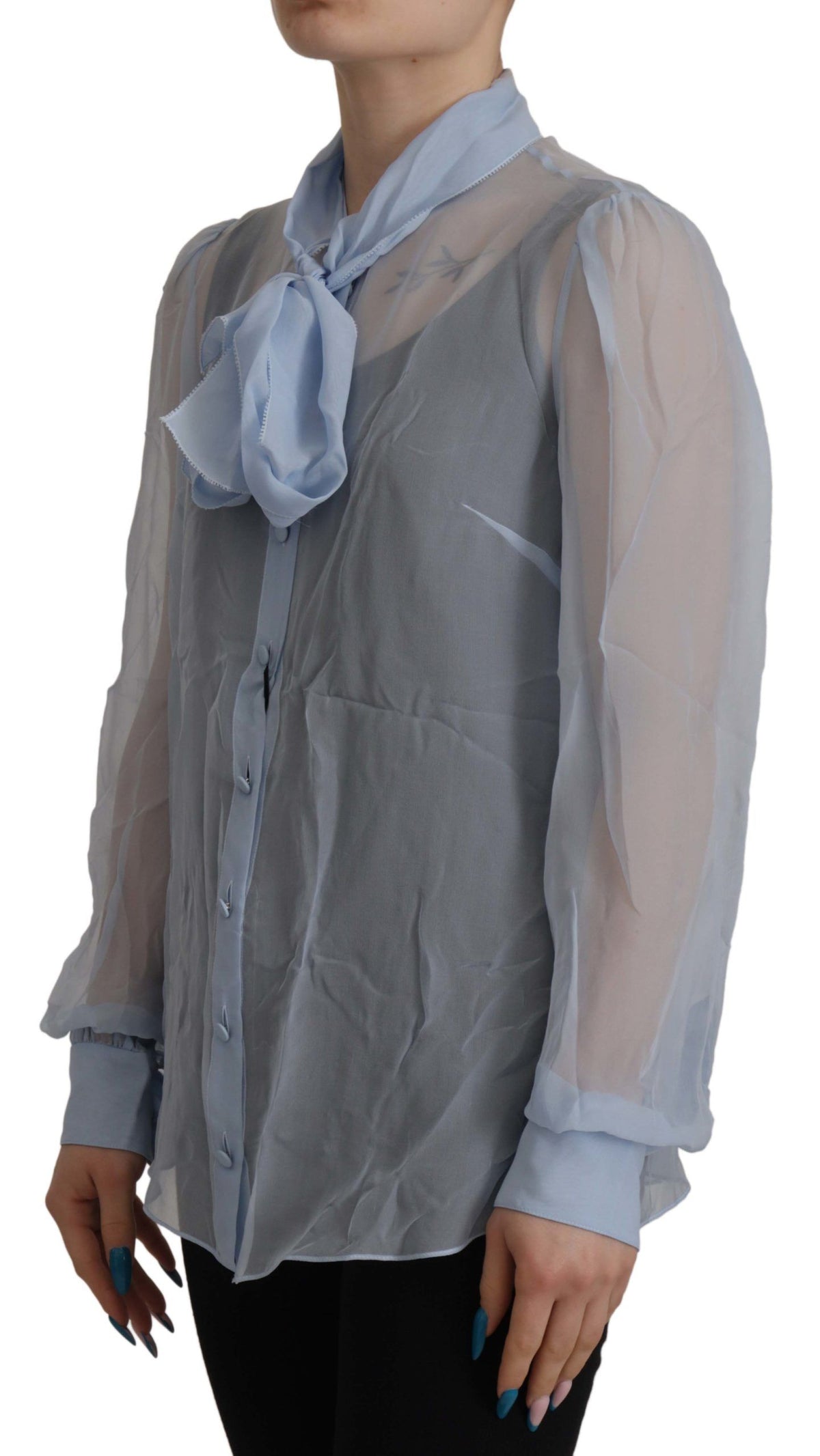 Dolce & Gabbana Light Blue Silk Ascot Collar Long Sleeves Women's Top