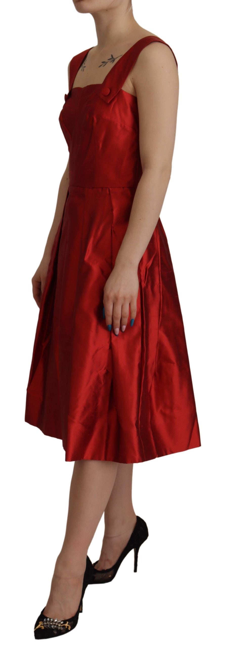 Dolce & Gabbana Red A-line Pleated Satin Silk Women's Dress