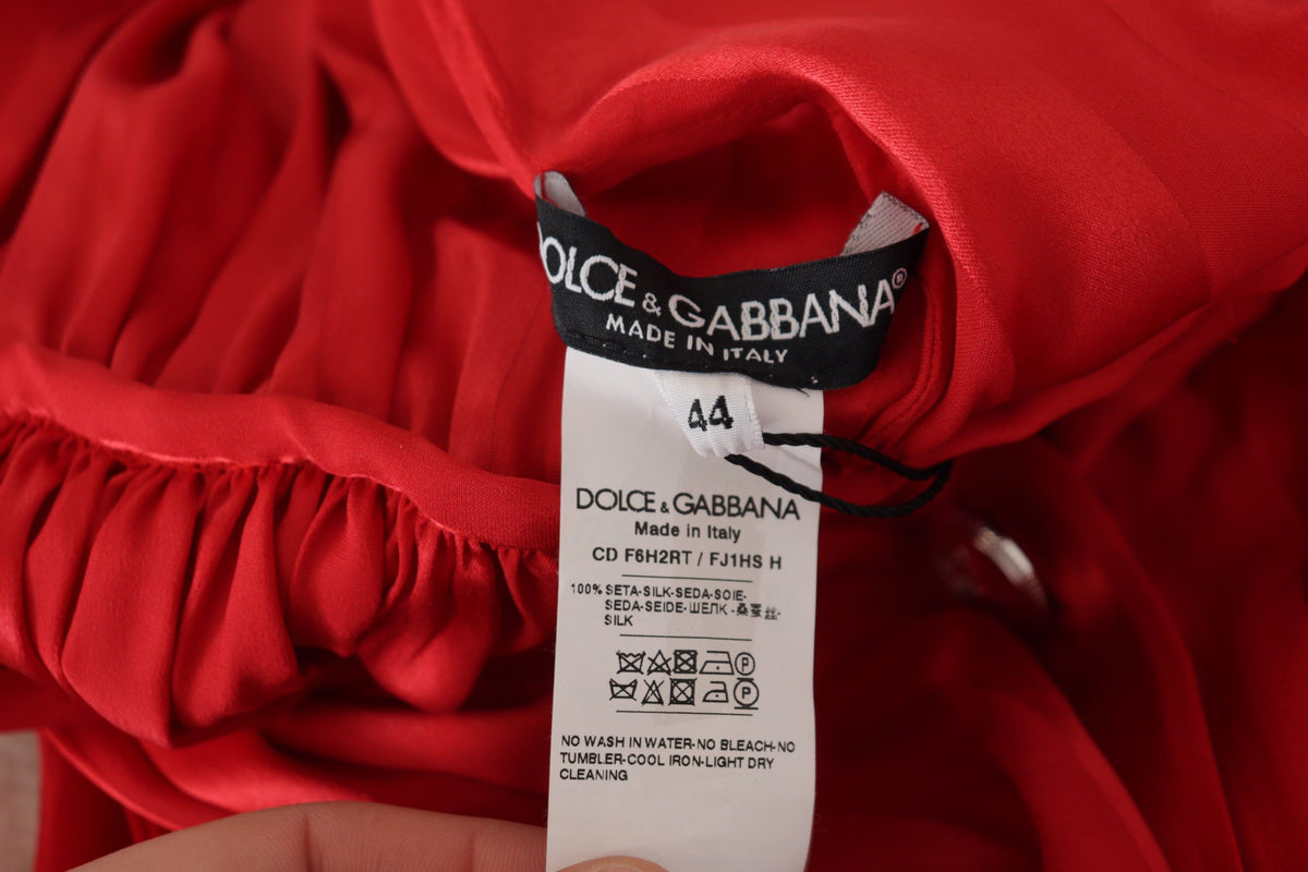 Dolce & Gabbana Red Button Down Belted Midi Satin Silk Women's Dress