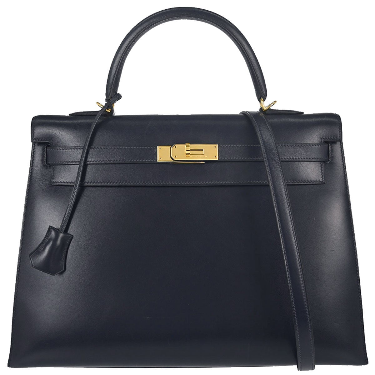 Hermes Kelly Blue Box Calf With Gold Hardware Blue Calfskin Handbag (Pre-Owned)
