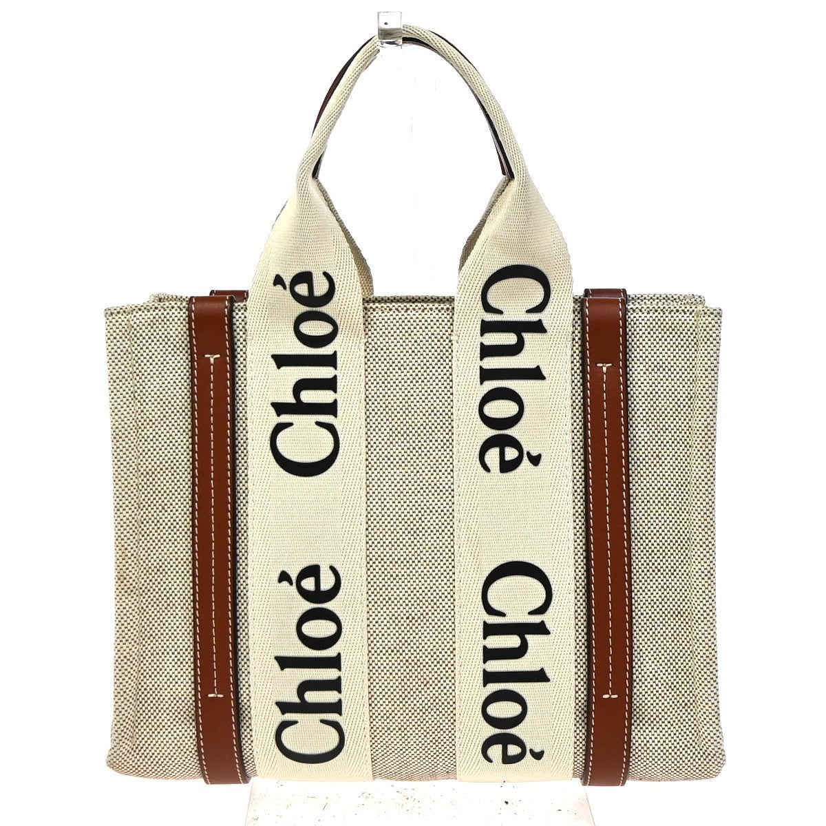 Chloe Woody Canvas With Leather Beige Canvas Tote Bag Bag (Pre-Owned)