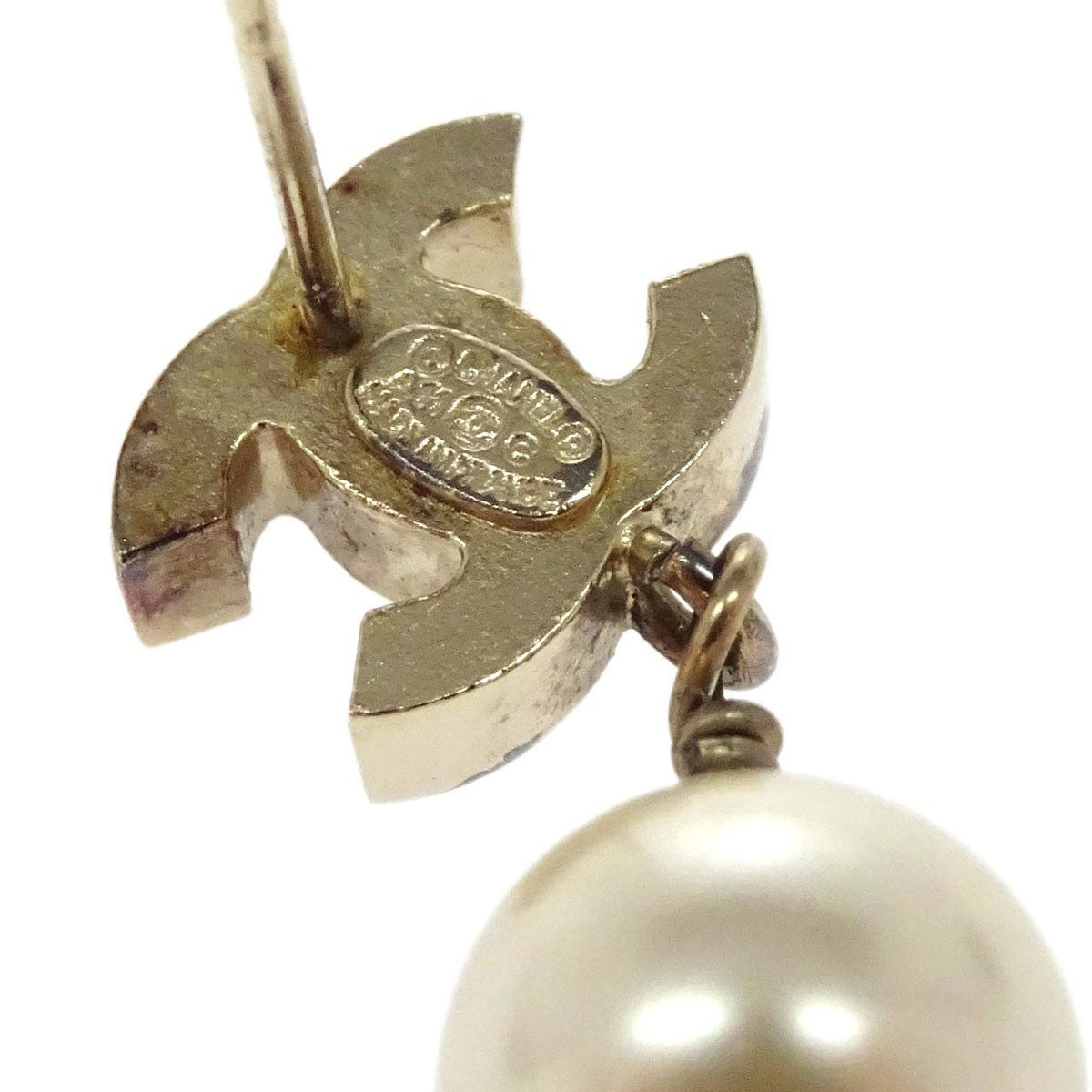 Chanel Cc Dangle Metal With Faux Pearl Gold Gold_Plated Earrings Jewelry (Pre-Owned)